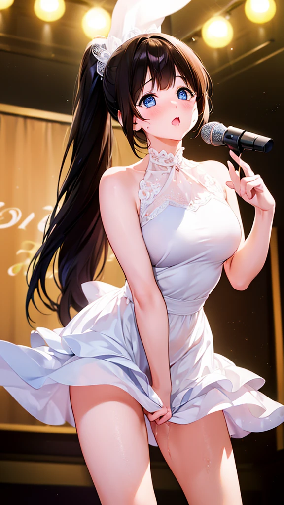 Adult women、The exact number of fingers、Exact number of legs、Exact number of arms、Bangs, Ribbon Ponytail, Brown hair, (blush:1), (put one hand in:1.8), fingering, (cat juice:1.2), Mouth, (A woman holding a microphone ready to sing:1.5)、White Dress, High Leg Raise、 Beautiful big breasts, (stand erect:1), best quality, high resolution, (Delicate and beautiful eyes:1.6), The face is rich in detail, Perfect lighting, Very detailed CG, (Perfect hands, Perfect anatomical structure),Embarrassed expression、The expression of not wanting to go to the toilet, (Sexual pleasure expression:1.4), (Expression of pain:1.2)、Close your eyes、sexy look、look up、The mouth is half open、、(live stage、Many viewers:1.3)、whole body