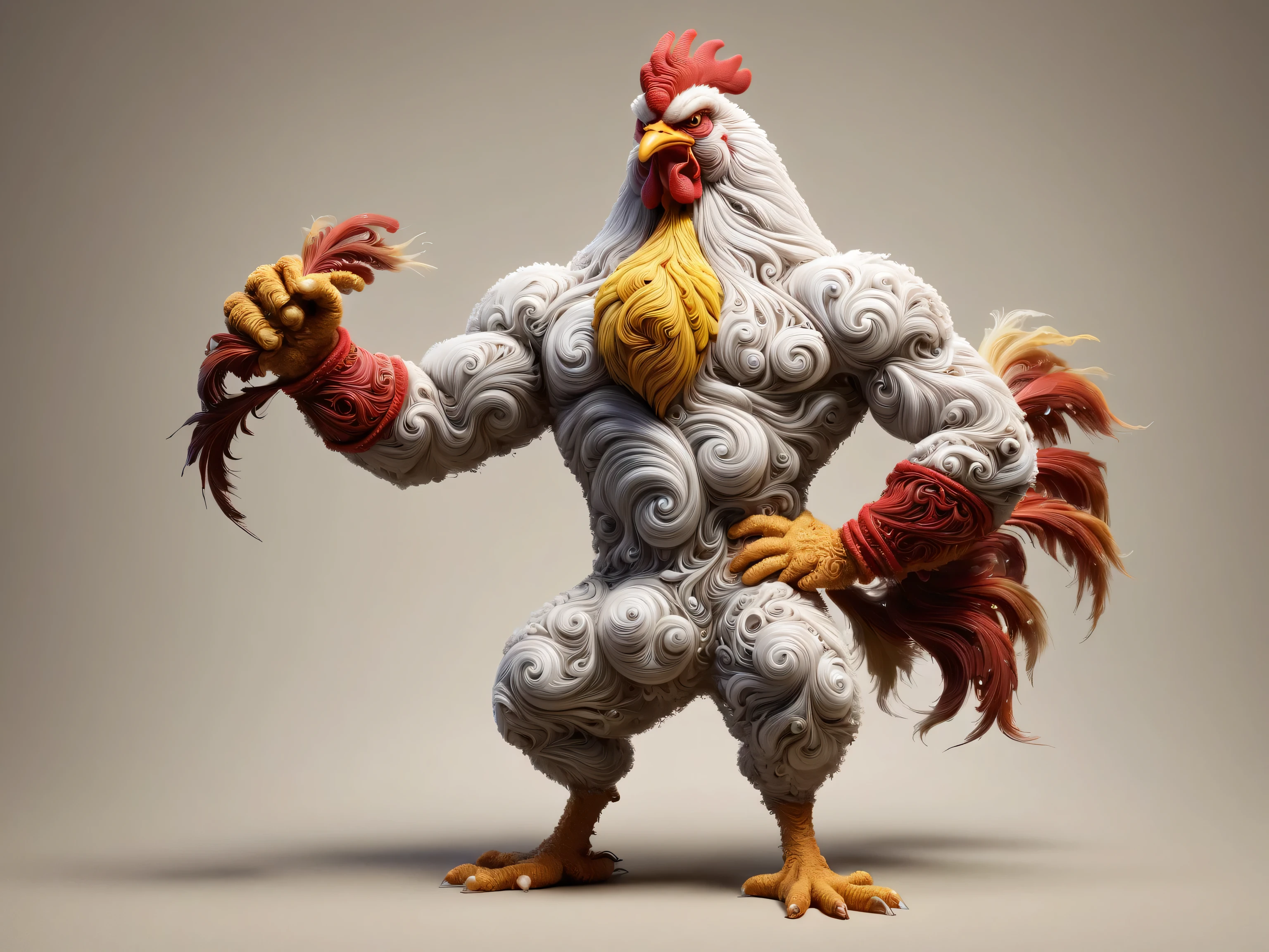 a close-up of a cartoon chicken with a red head and yellow beak, the king of the rooster, illustration of an angry rooster, rooster, muscular character, anthropomorphized chicken, rooster!!!!, arrogant, illustration of a rooster, exaggerated muscular physique, arrogant expression, posing ready for a fight, powerful posture, 3D model of a Japanese mascot, raw photo, anthropomorphic animal (bald rooster), white human body with hair and feathers of muscular birds, strong and angry cartoonized, 3D rendering Disney Pixar style, 8K resolution, heroic pose, powerful muscles, Spanish football player, red and yellow clothes, holding a football, hyper-realistic image, photographic quality, inspired by Disney and Dreamworks.
