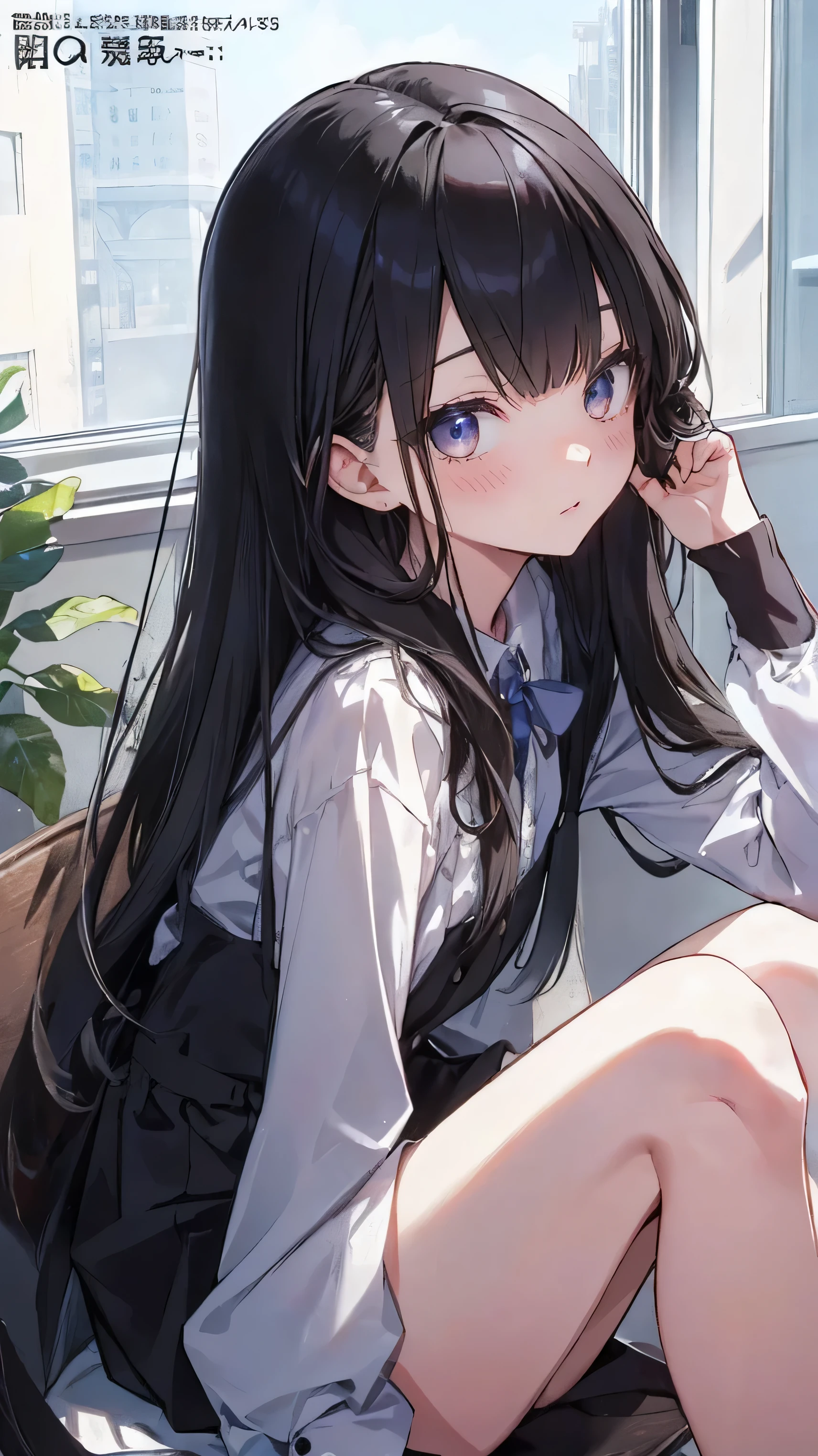 Masterpiece、Highest quality、highest quality、Black Hair、(((Lori)))、 ((Petite))、Shiny hair quality、Small face、Sitting、Super detailed, beautiful, wide eyes、Ultra-detailed, clear and beautiful faces、(cute illustration:1.2), High-resolution, ultra-detailed, best quality, embarrassed 