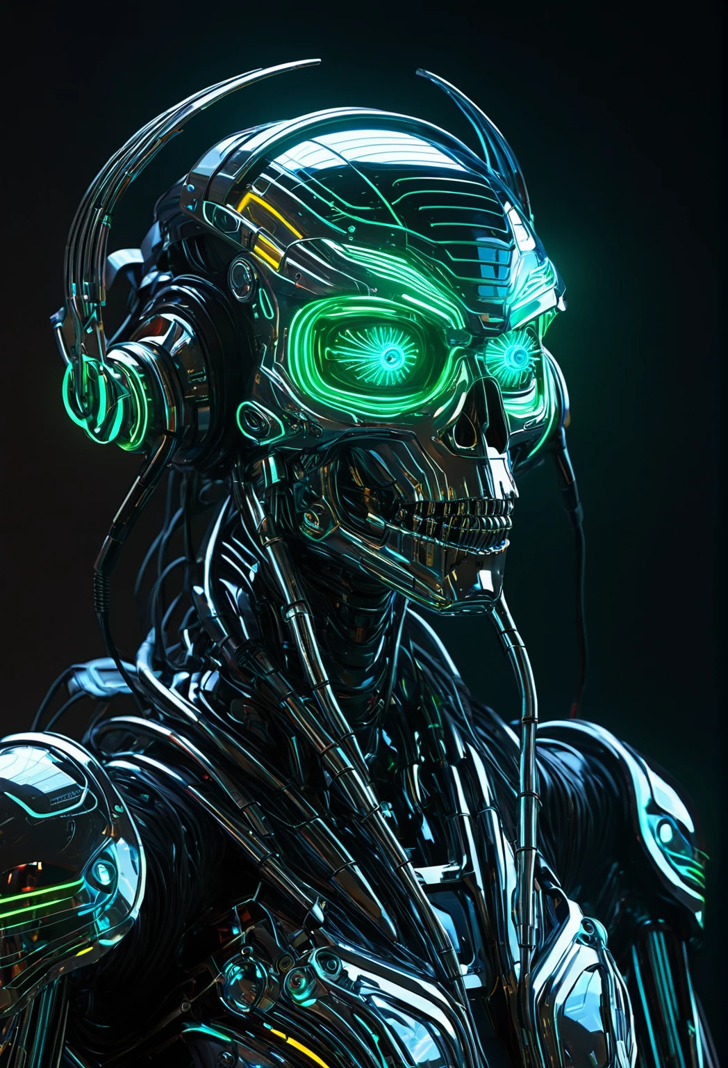 cyberpunk,mechanical,glowing eyes,metallic surface,digital display,advanced technology,futuristic,neon lights,electromagnetic field,sharp edges,streamlined design,digital organism,biomechanical,creepy atmosphere,glass visor, imponent pose,invisible circuits,holographic projections,colorful wires, super robot, skull wings, full body.
