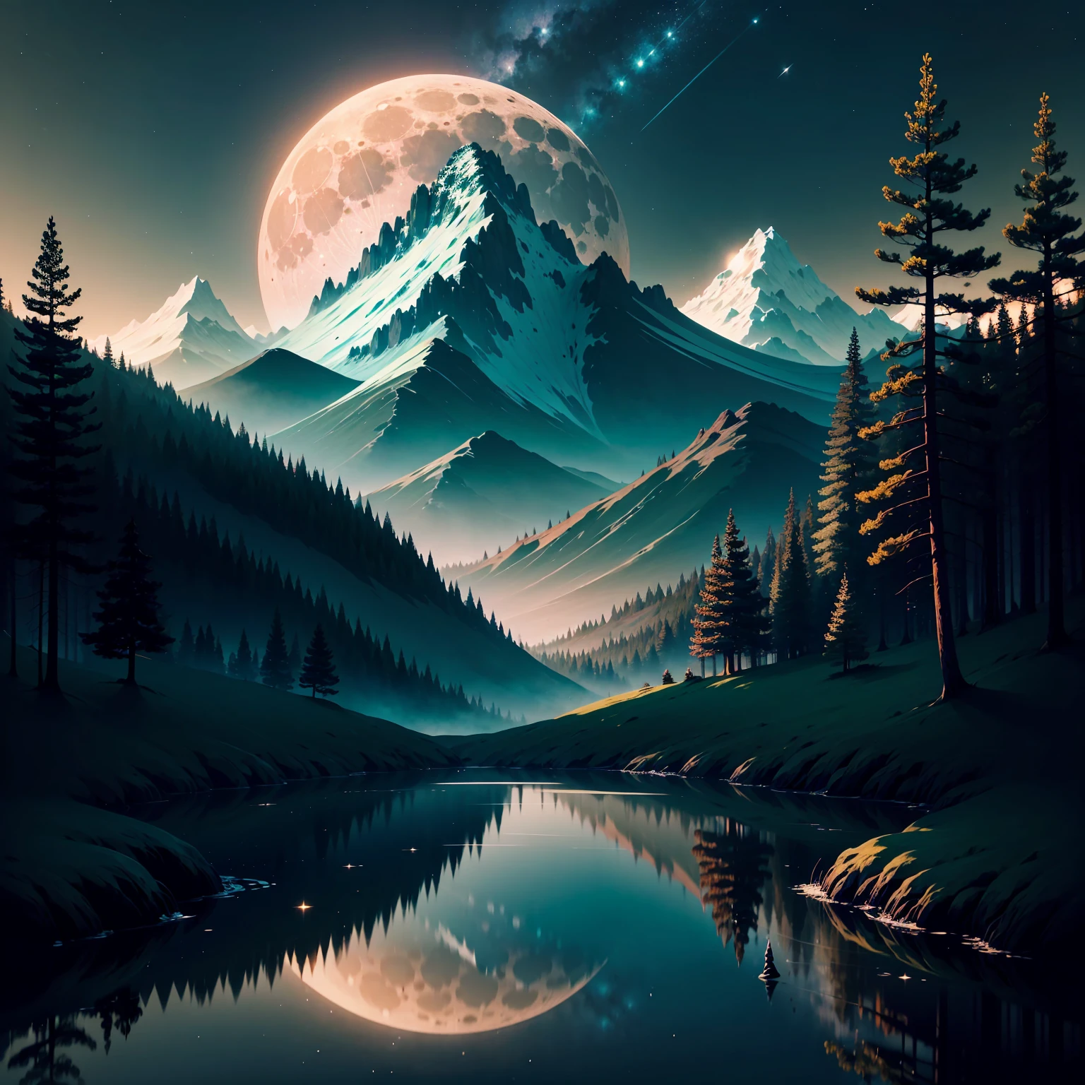 Here's a description of the scene in the style of a Japanese adventure animation: The screen opens to a breathtaking landscape, with towering mountains in the background and a night sky dotted with twinkling stars.
The environment is enveloped in a magical and serene atmosphere, while a gentle breeze ruffles the grass and trees. In the background we see a hill, the horizon illuminated by the full and radiant moon.
The moon emits an intense silver glow, bathing the landscape in a soft, mysterious light. The reflection of the moon is reflected in the character's eyes, bringing an air of admiration and desire for discovery.
The wind subtly blows the trees, giving movement and dynamism to the scene. The entire scene is animated with vibrant colors and subtle contrasts, highlighting the beauty of the scenery and the aura of mystery of the moon.
The soft soundtrack, with traditional Japanese instruments, echoes in the background, increasing the feeling of imminent adventure.

This animated Japanese scene captures the excitement and grandeur of an epic journey, the horizon lit by the moon, ready to embark on an incredible adventure full of challenges and discoveries.