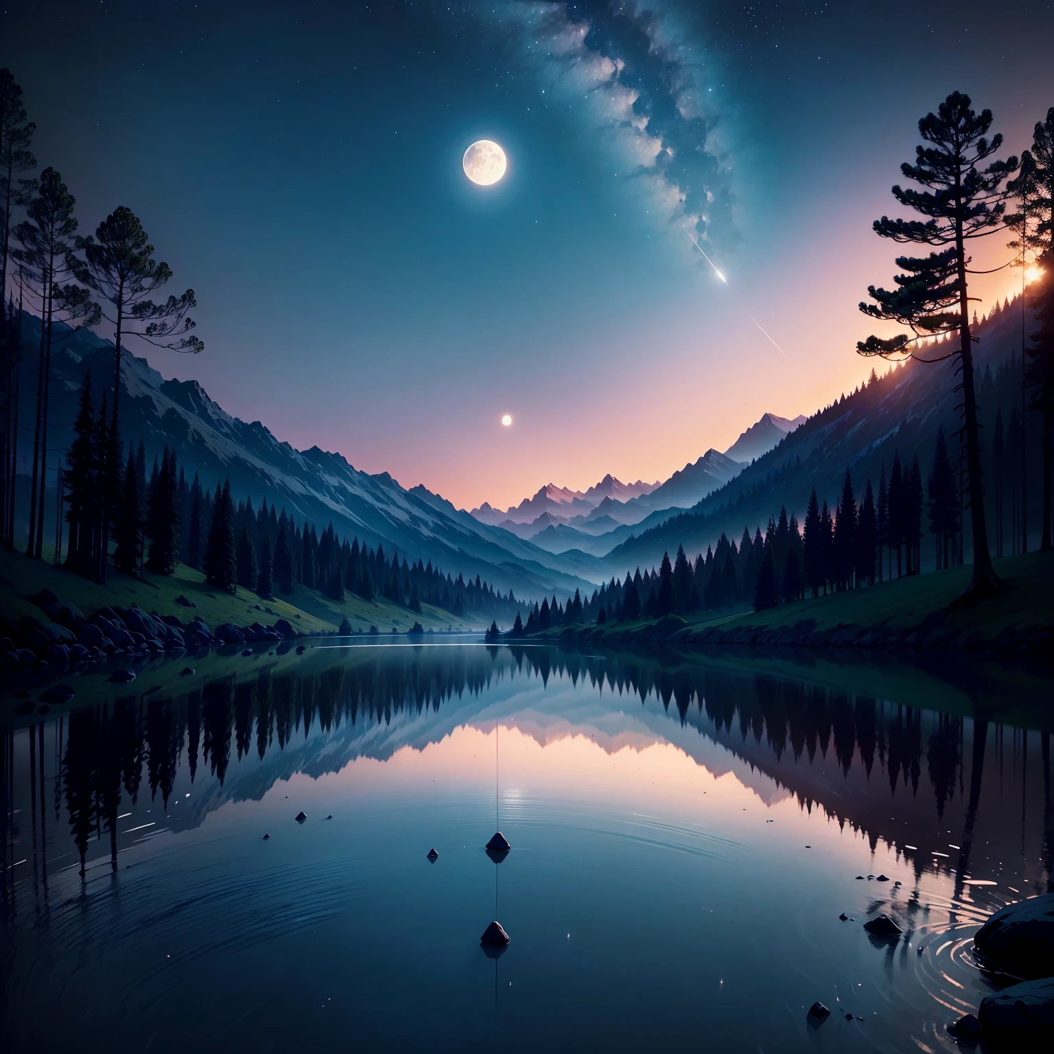 Here's a description of the scene in the style of a Japanese adventure animation: The screen opens to a breathtaking landscape, with towering mountains in the background and a night sky dotted with twinkling stars.
The environment is enveloped in a magical and serene atmosphere, while a gentle breeze ruffles the grass and trees. In the background we see a hill, the horizon illuminated by the full and radiant moon.
The moon emits an intense silver glow, bathing the landscape in a soft, mysterious light. The reflection of the moon is reflected in the character's eyes, bringing an air of admiration and desire for discovery.
The wind subtly blows the trees, giving movement and dynamism to the scene. The entire scene is animated with vibrant colors and subtle contrasts, highlighting the beauty of the scenery and the aura of mystery of the moon.
The soft soundtrack, with traditional Japanese instruments, echoes in the background, increasing the feeling of imminent adventure.

This animated Japanese scene captures the excitement and grandeur of an epic journey, the horizon lit by the moon, ready to embark on an incredible adventure full of challenges and discoveries.