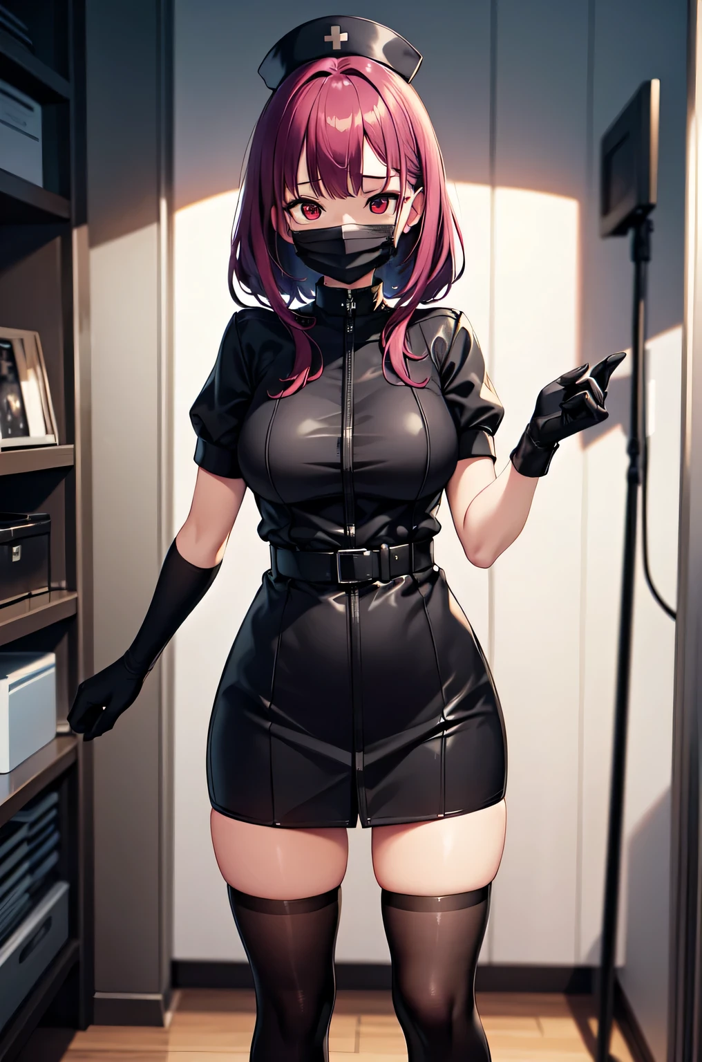 black nurse, 1woman, solo, black nurse cap, black nurse uniform, ((black legwear, zettai ryouiki)), black elbow gloves, long hair, purple hair, red eyes, ((black surgical mask, covered nose)), standing, ((surgery room)), sharp outline, short sleeves, mature female, 35 years old, best quality, masterpiece