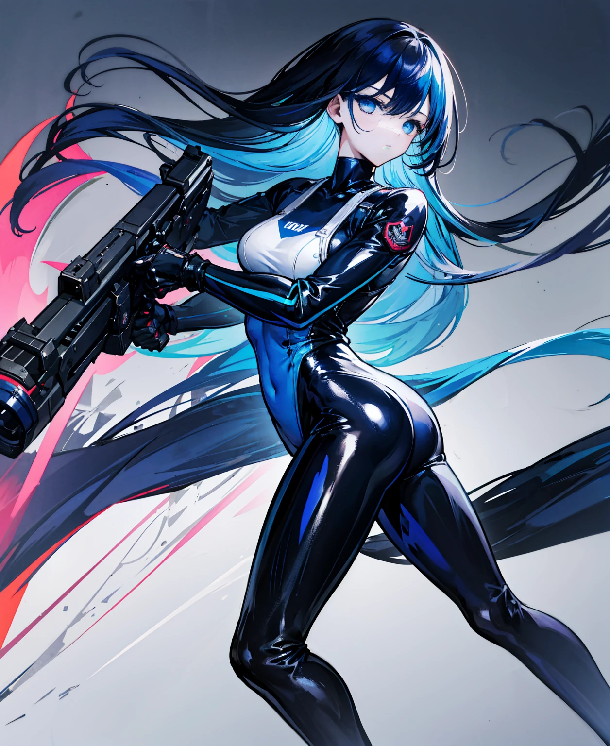 There is no background,girl,Carry a firearm,Patent leather tight suit,Use of firearms,Navy blue long hair,attention arousal,Blue colored eyes,No gradients