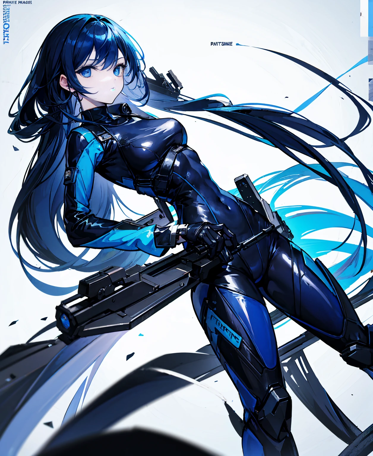 There is no background，girl，Carry a firearm，Patent leather tight suit，Use of firearms，Navy blue long hair，attention arousal，Blue colored eyes,No gradients