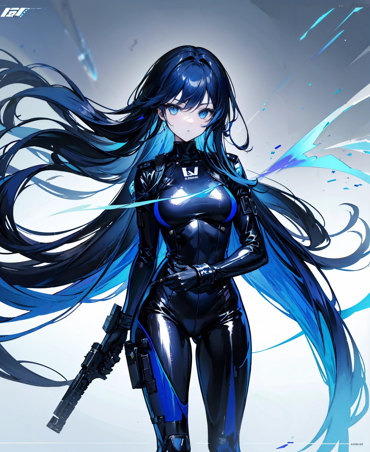 There is no background，girl，Carry a firearm，Patent leather tight suit，Use of firearms，Navy blue long hair，attention arousal，Blue colored eyes,No gradients