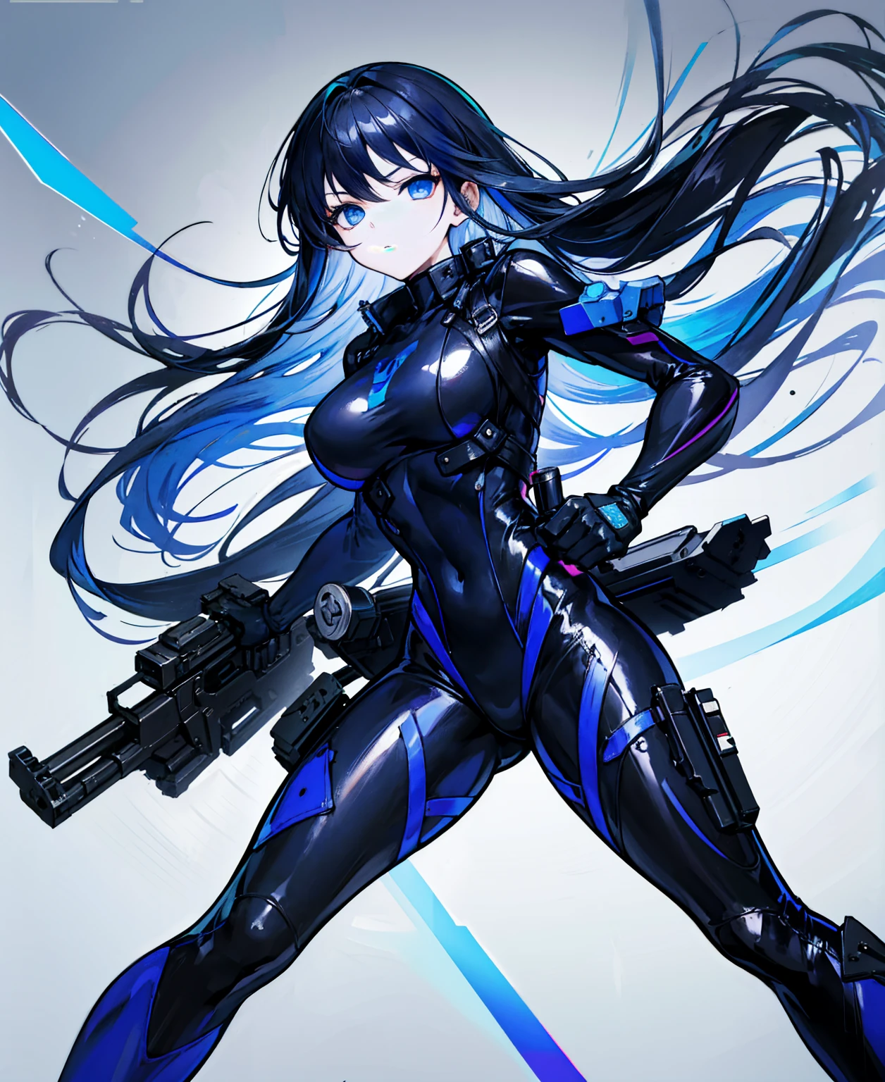 There is no background，girl，Carry a firearm，Patent leather tight suit，Use of firearms，Navy blue long hair，attention arousal，Blue colored eyes,No gradients