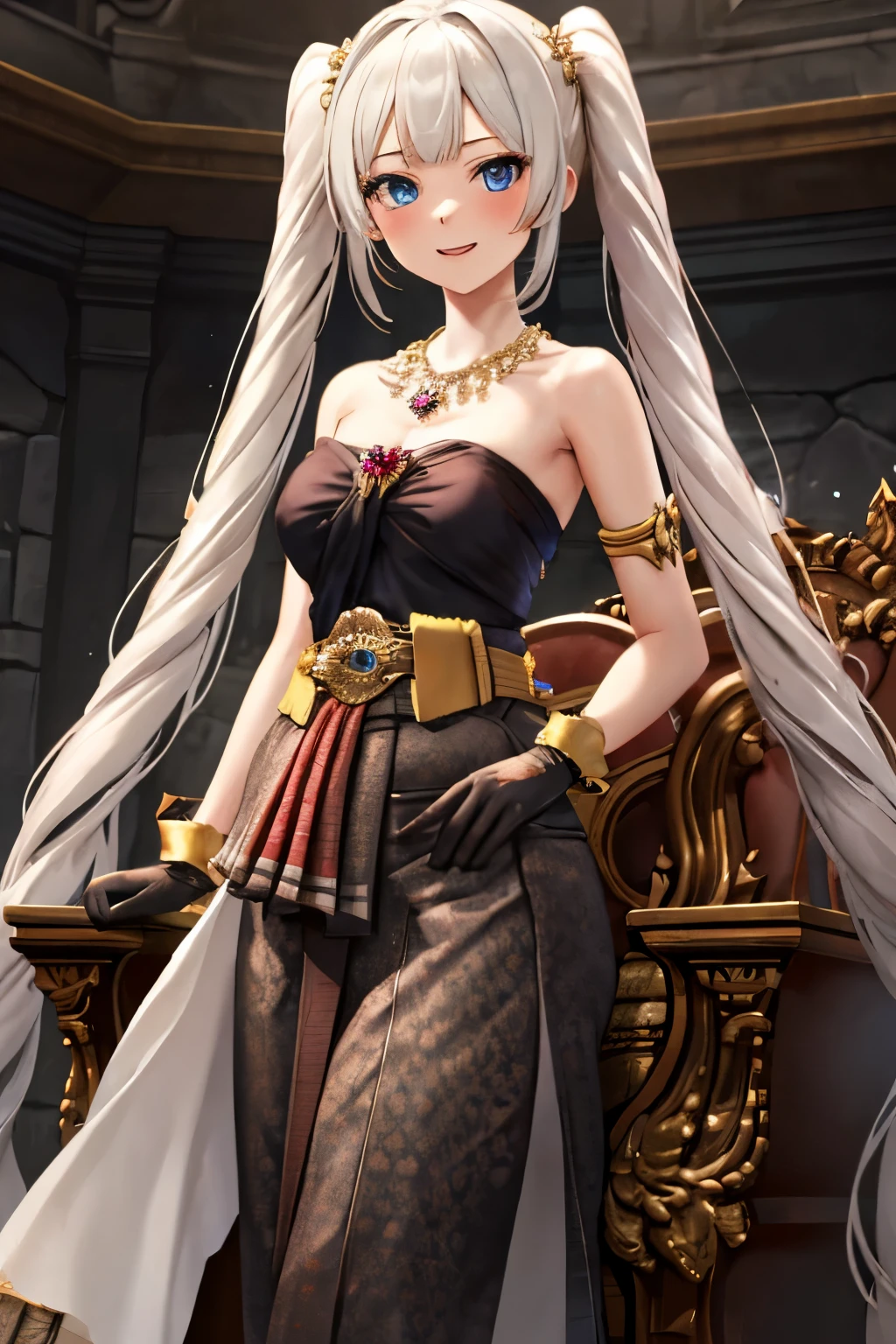 Best quality, 8k, 32k, Masterpiece, high resolution, unity 8k wallpaper, illustration, anime style, perfect lighting, extremely detailed CG, 1girl, solo, marie antoinette, long hair, white hair, twintails, frills, jewelry, necklace, gloves, belt, black gloves, Sabai dress, strapless Thai traditional dress, Thai traditional skirt, looking at viewer, indoors, standing, throne, evilness, military,