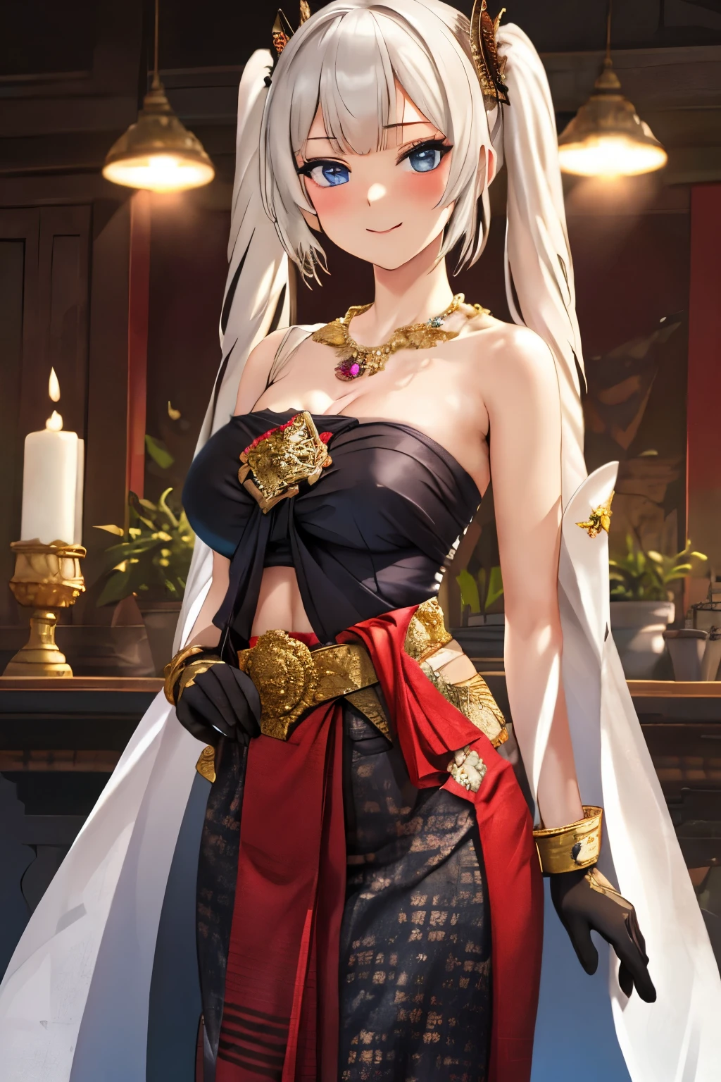 Best quality, 8k, 32k, Masterpiece, high resolution, unity 8k wallpaper, illustration, anime style, perfect lighting, extremely detailed CG, 1girl, solo, marie antoinette, long hair, white hair, twintails, frills, jewelry, necklace, gloves, belt, black gloves, Sabai dress, strapless Thai traditional dress, Thai traditional skirt, looking at viewer, indoors, standing, throne, evilness, military,