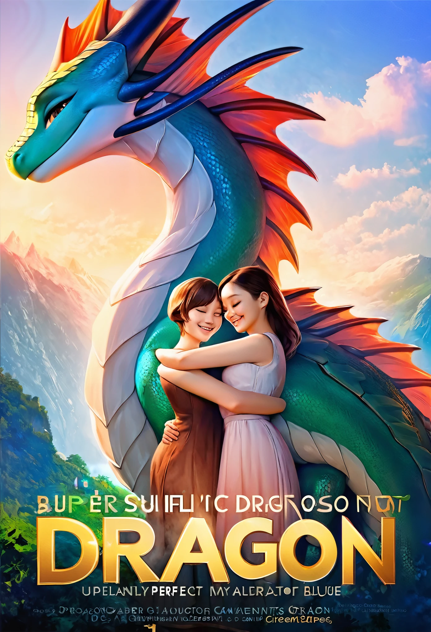 movie poster, highres, top quality, best quality, paid reward available, unparalleled masterpiece, perfect artwork, absurdres, High-quality illustrations, super high resolution, detailed background, perfect anatomy(1girl, large gragon, Hugs each other)((movie of a Dragon and human girl))blue sky, smile, smile, happy, joyful, cinematic lighting, title logo,