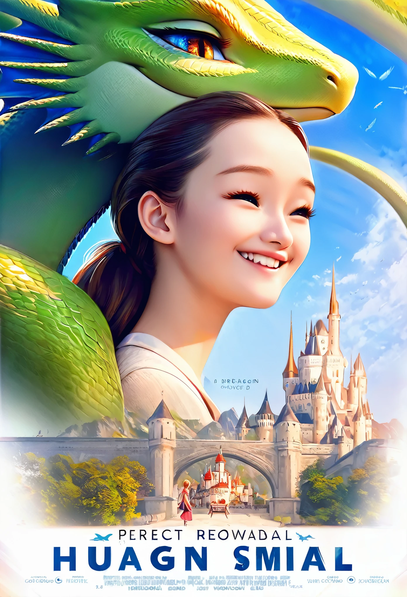 movie poster, highres, top quality, best quality, paid reward available, unparalleled masterpiece, perfect artwork, absurdres, High-quality illustrations, super high resolution, detailed background, perfect anatomy(1girl, large gragon, Hugs each other)((movie of a Dragon and human girl))blue sky, smile, smile, happy, joyful, cinematic lighting, title logo,