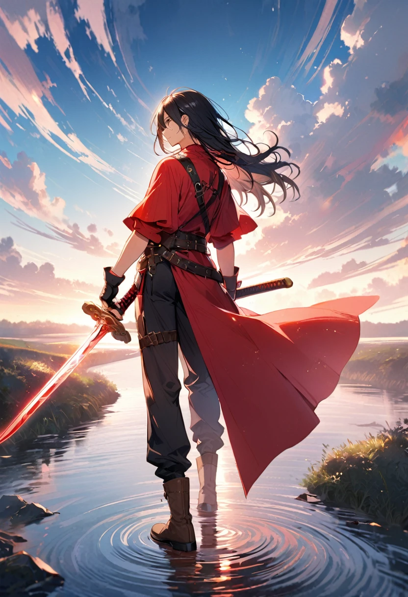 1 person, male character, red robe,Black Texture,belt,fingerless gloves,Black trousers,brown boots,Black long Hair,whole body,Bright Light,bright colors,Sword in hand,Black decorative line for clothes,Soft Light,Blue sky,White Cloud,river