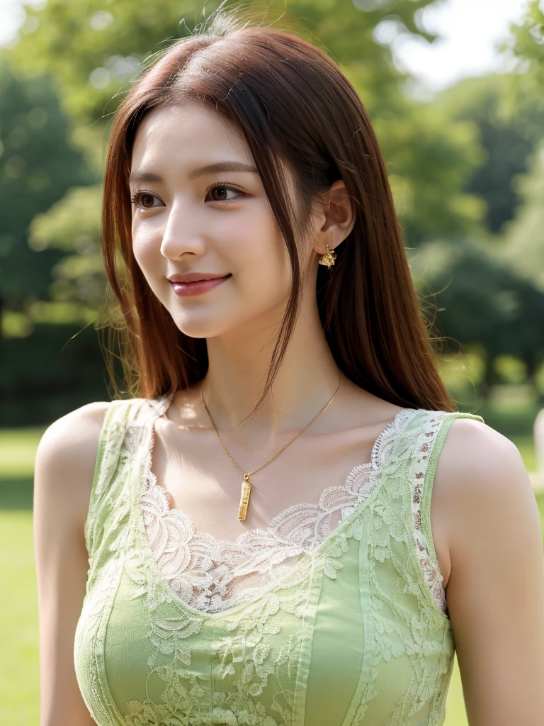 Realistic photos of Korean woman, White glass skin, Straight long red hair, Gold lace camisole vest, beautiful clear eyes,Green pupils, beautiful necklace and earringedium chest tight and Medium breasts, Delicate slender face,Heartwarming smile, Lovely lips, thin makeup, Wearing tank top, pants, Standing in the park, close-up portrait, UHD