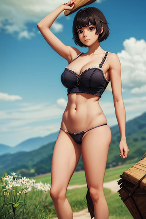 Tomboy girl, cleavage, dynamic angle, standing, shorts, black bra,  medium breast, outdoors