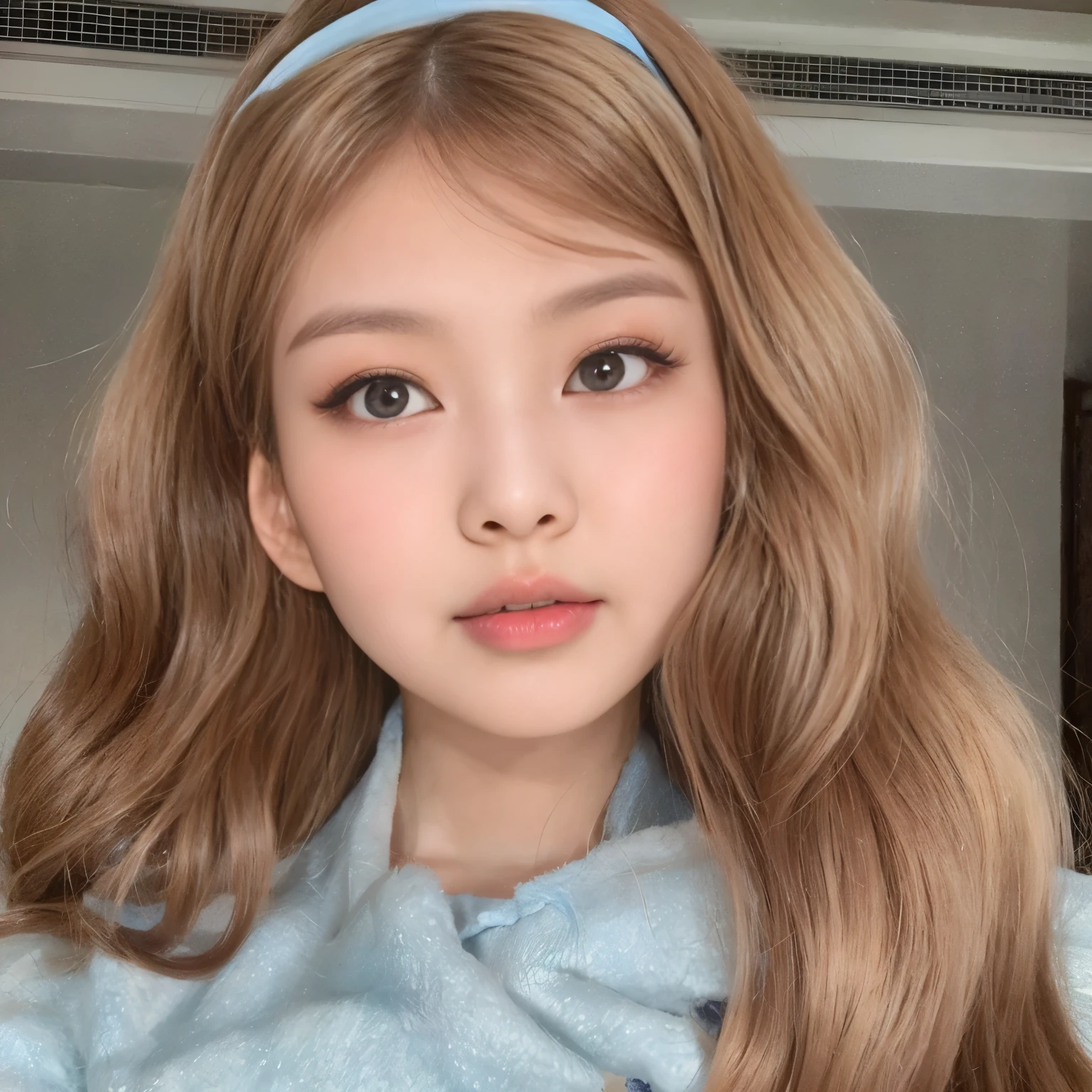 there is a girl with long hair and a blue headband, ulzzang, kawaii realistic portrait, popular south korean makeup, sakimichan, cute natural anime face, young adorable korean face, belle delphine, wan adorable korean face, soft makeup, brown hair and large eyes, portrait of japanese gyaru, lalisa manobal, popular korean makeup