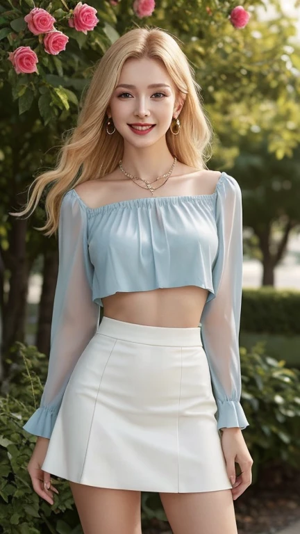 1 29 year old blonde beautiful woman with long hair posing for a picture, Beautiful long blonde woman, Long blonde very beautiful woman, She is very happy and laughing and having fun, She spun around and faced me, Well-cared for beautiful long blonde, 8K Realistic Portrait, Photograph from the front of her, Smooth long blonde beautiful woman, (Slim figure top model), She has a very white and fine and smooth skin, breast enhancement, Long blonde Swedish woman, blonde eyebrows, She has bittersweet feeling, Glossy long blonde hair, She's moist eyes, thick plump and shiny lips, (A photo from head to toe:1.0), A person in the center left and right, (She is wearing a pastel blouse and a flare skirt and black leather high heels), A very simple necklace and very simple earrings and very simple bracelet, Perfect Makeup, Professional lighting like movies Inside the rose garden on a sunny day