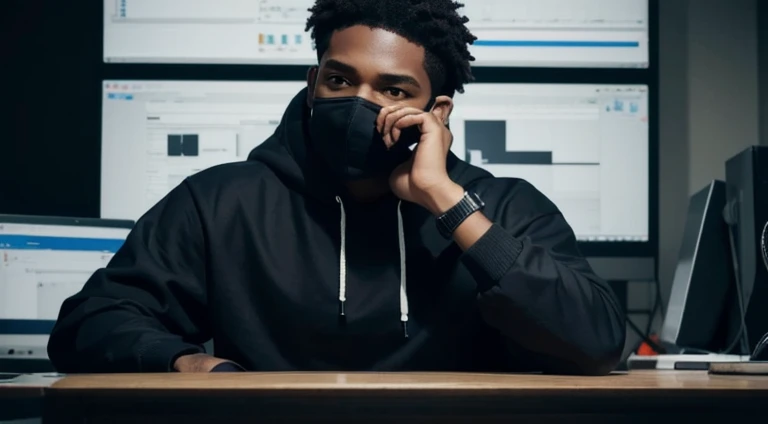 8k, best quality, masterpiece, realistic, ultra detail, photo realistic, Increase quality, 
a photo of a YouTuber black boy sitting and making a video of algorithm trading on a work dest with forex and python on screens, in the style of dark and brooding designer hoodie and mask covering 80 percent of his face, voluminous mass, photobash, serene faces, jagged edges, navy, close-up shot
