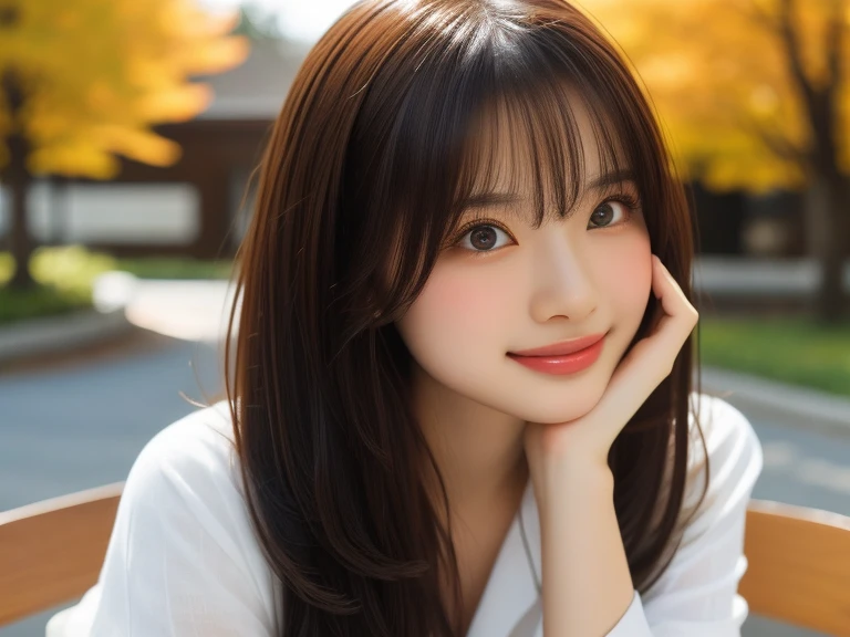 (Happy smile when looking at this、Under the autumn sky、casual clothes、(daydream), 1 girl, Solo Images, (pretty young look), Esmanium, (Insult Strip Color Hair), (lace dress), (Highly realistic detail face in 8k HD:1.5 (Soft Scene, Very low lightning), Detailed beautiful reflexed pupils, table top:1.3, Super high resolution:1.2, dynamic lighting)