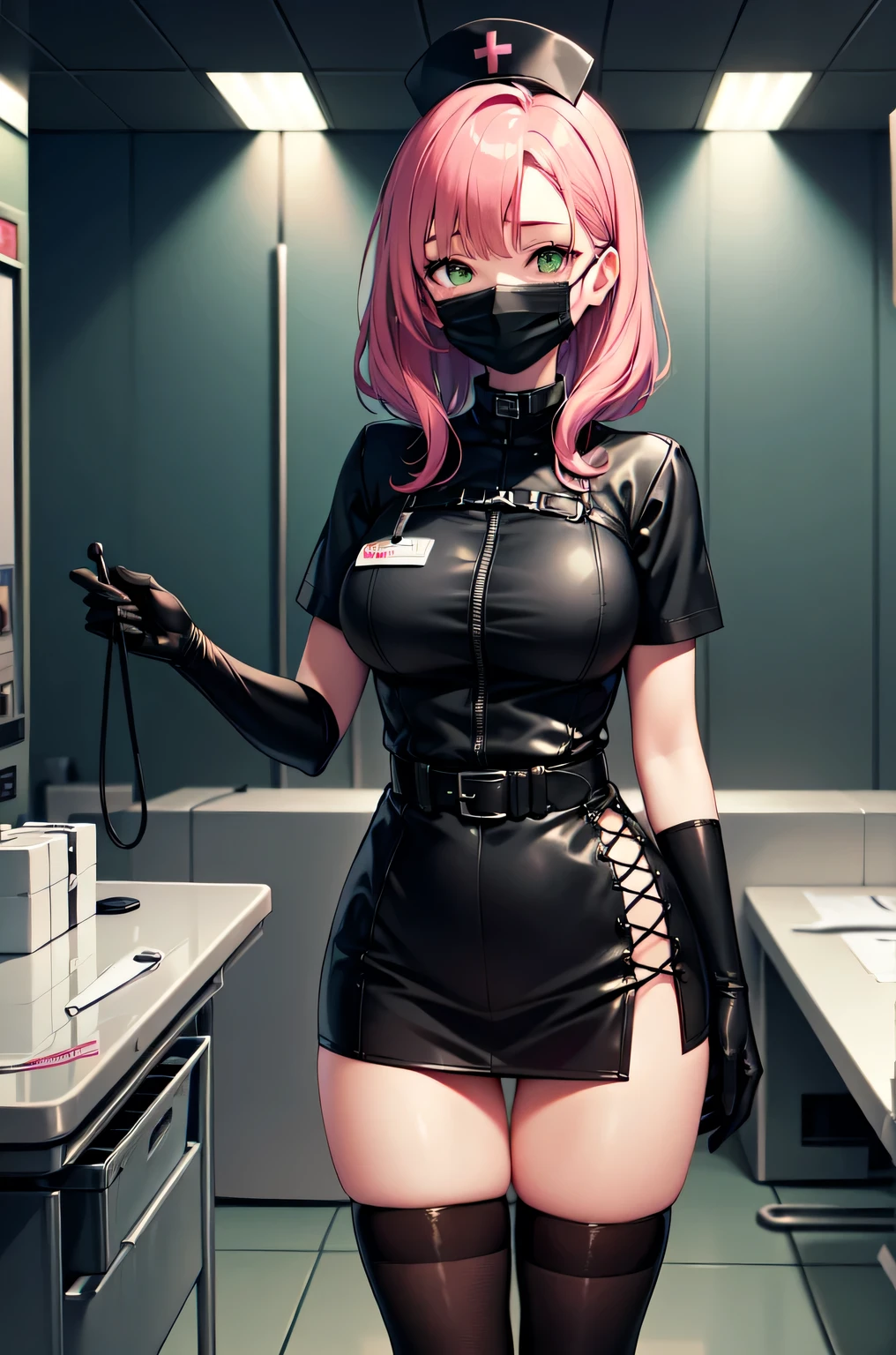 black nurse, 1woman, solo, black nurse cap, black nurse uniform, ((black legwear, zettai ryouiki)), black elbow gloves, pink hair, green eyes, drooping eyes, ((black surgical mask, covered nose)), standing, ((surgery room)), sharp outline, short sleeves, mature female, 32 years old, best quality, masterpiece