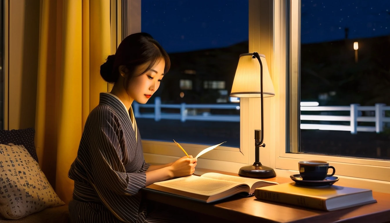 A girl, sitting in a cozy corner with a stack of books or documents before her, immerses herself in focused study. The soft, yellow glow of a desk lamp casts a gentle feeling of tranquility and peace around her, contrasting the quiet stillness of the night outside the window. In a side view, the girl's elegant posture showcases her grace and beauty, her serene expression hinting at the depth of her concentration. With a gentle glance downwards, her dark, curious eyes scan the pages intently, her delicate fingers tracing the faded lines of the text. The night's quiet and stillness continues outside, the gentle blur of cars and lights in the background adding to the scene',Japanese people,