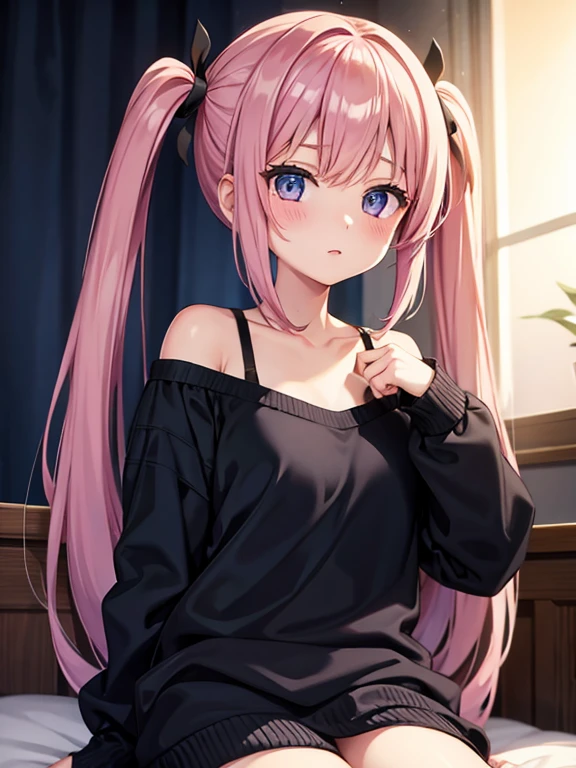 highest quality、In a dark room、bedroom、10th Generation、One girl、Brat、Pink Hair、Twin tails、bangs、Confused eyes、Revealing clothing