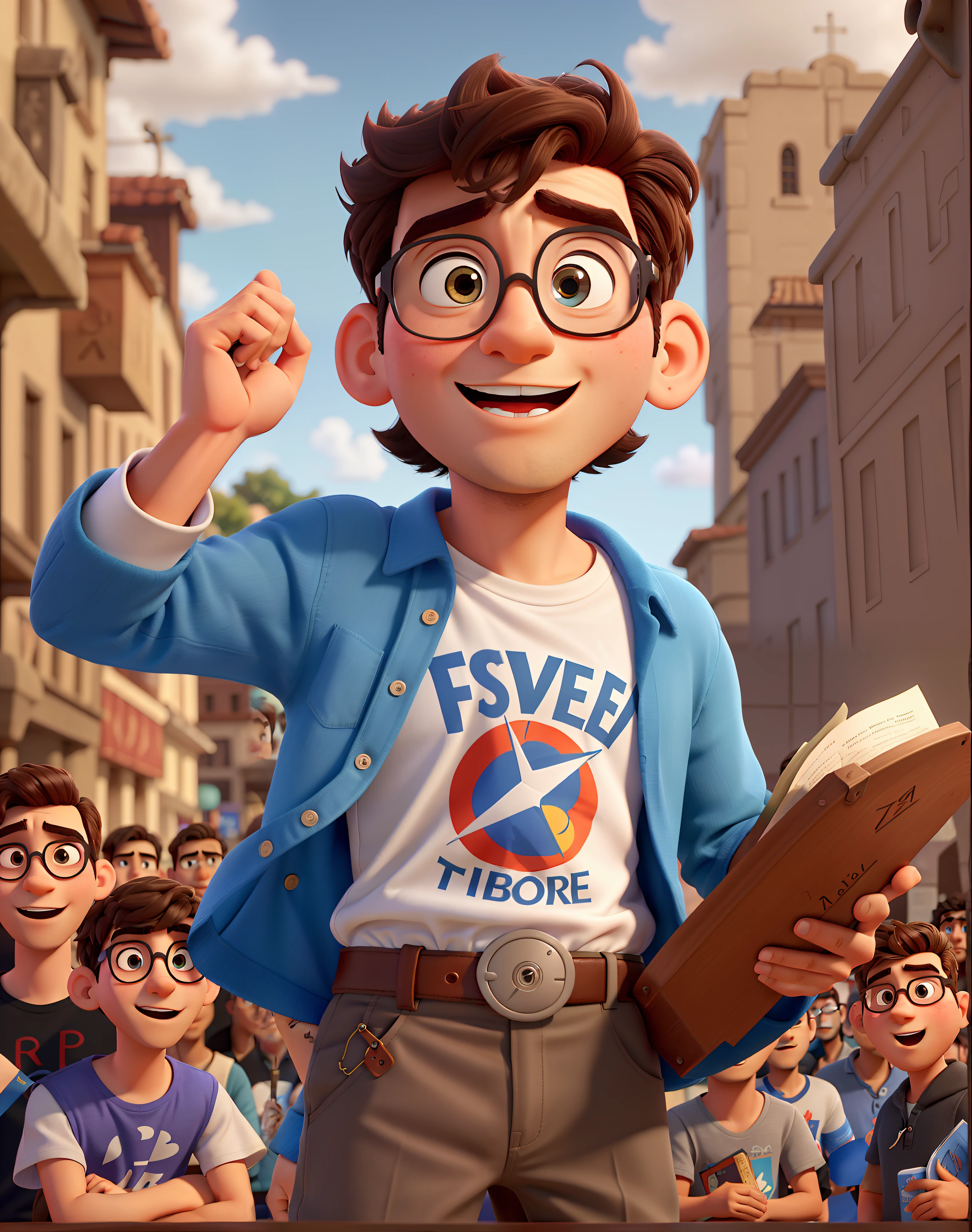 Pixar movie poster style, A young Christian preaches the Bible to a crowd of people, With round glasses, Speak eloquently, Brown and wavy hair,