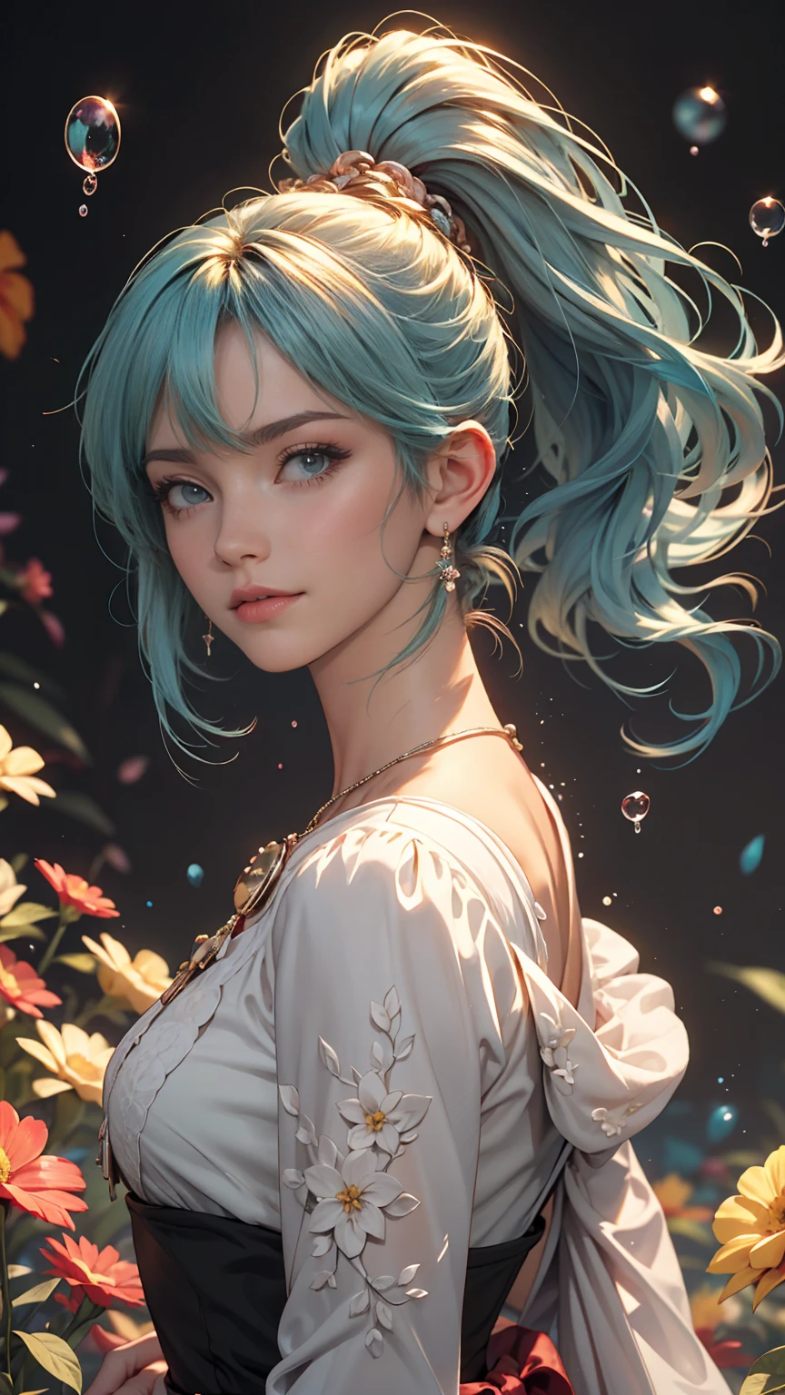 (masterpiece), (highest quality), (Super detailed),(Disheveled Hair),(figure), (One girl), (Fashionable clothes), Are standing, Fashion Model, View your viewers, (interview), (Simple Background),Beautiful fine details, Delicate and beautiful face, floating,(High saturation),(Colorful splashes),Colorful bubbles,(The Shining), Focus on the face,  ponytail, kamisato ayaka, Light blue hair, bangs, Hair Ring, Floating Flowers, Floating hair, (The Shining), Best lighting, Best Shadow,