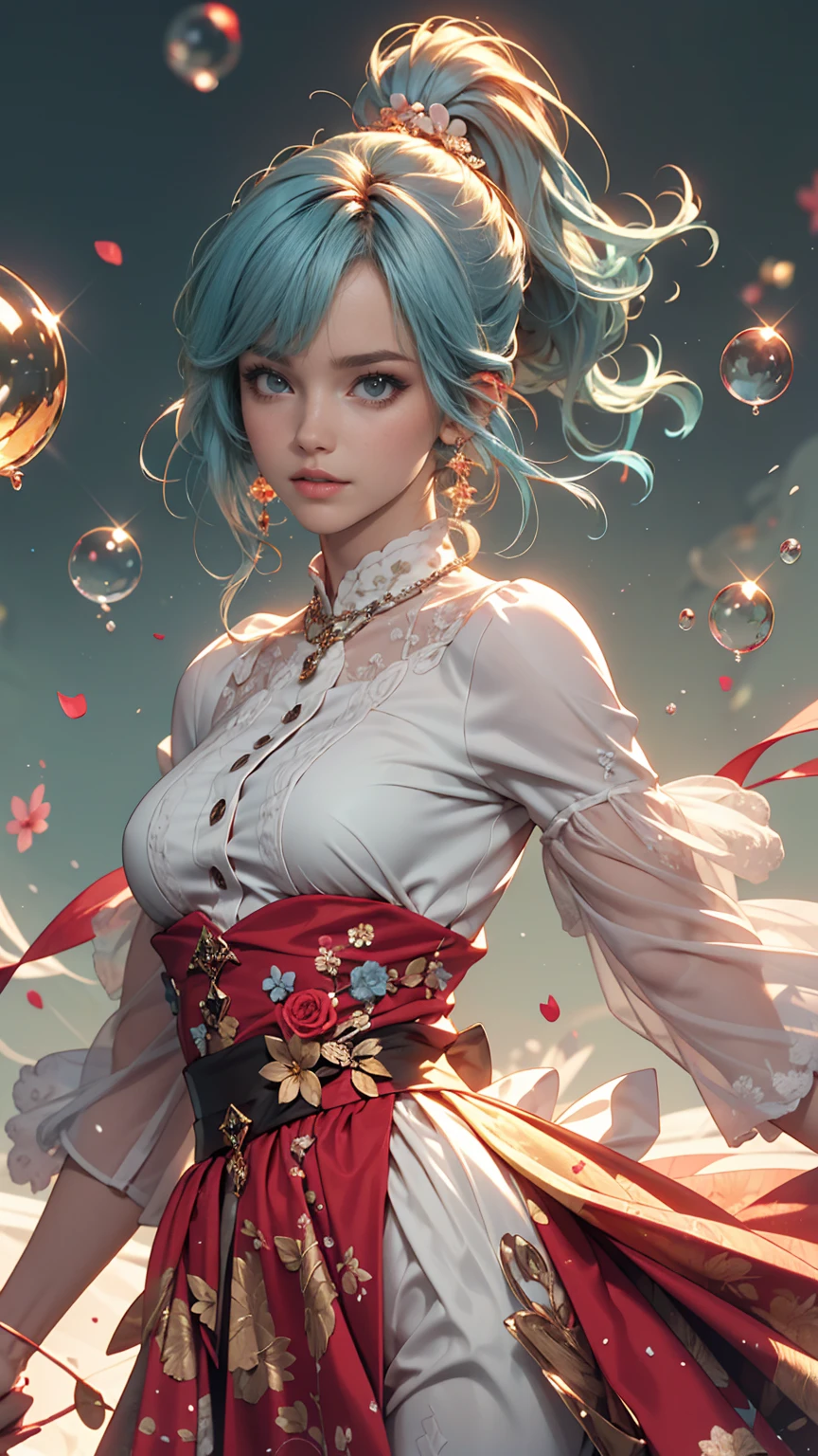 (masterpiece), (highest quality), (Super detailed),(Disheveled Hair),(figure), (One girl), (Fashionable clothes), Are standing, Fashion Model, View your viewers, (interview), (Simple Background),Beautiful fine details, Delicate and beautiful face, floating,(High saturation),(Colorful splashes),Colorful bubbles,(The Shining), Focus on the face, ponytail, kamisato ayaka, Light blue hair, bangs, Hair Ring, Floating Flowers, Floating hair, (The Shining), Best lighting, Best Shadow,