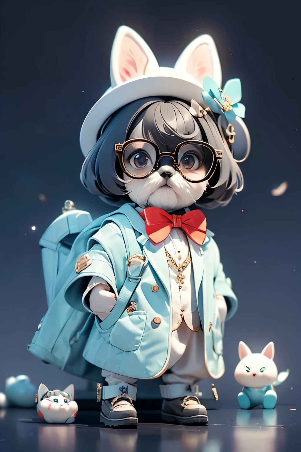 Dress your miniature schnauzer up as a detective。Please put round-rimmed glasses on your nose.。