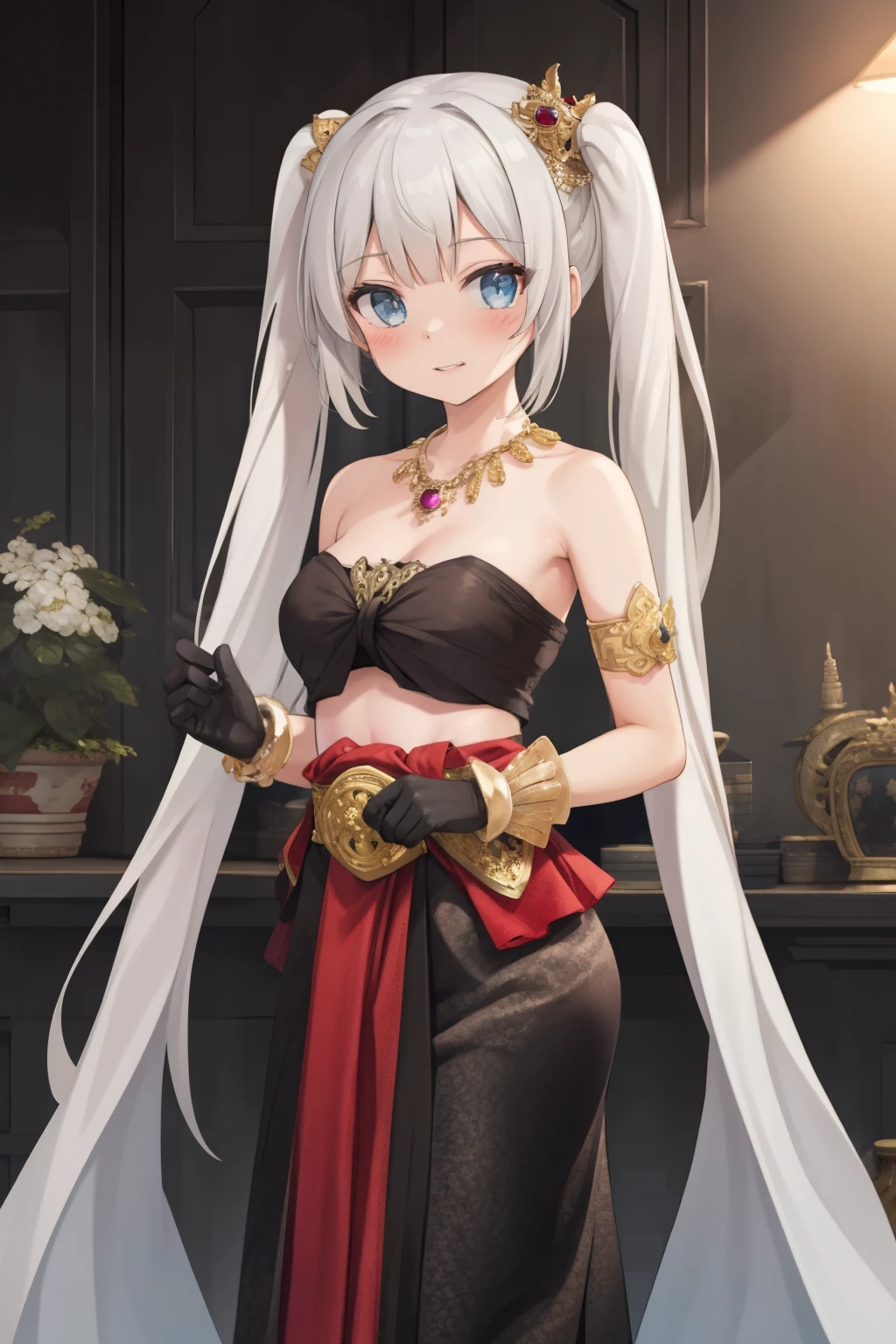 Best quality, 8k, 32k, Masterpiece, high resolution, unity 8k wallpaper, illustration, anime style, perfect lighting, extremely detailed CG, 1girl, solo, marie antoinette, long hair, white hair, twintails, frills, jewelry, necklace, gloves, belt, black gloves, Sabai dress, strapless Thai traditional dress, Thai traditional skirt, looking at viewer, indoors, standing, throne, evilness, military,