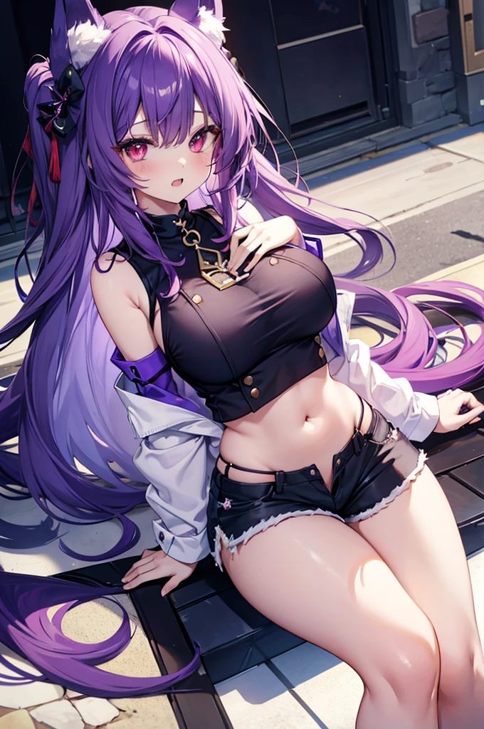 best quality ,masterpiece,solo,1girl,purple hair,long hair, purple eyes,bra,panties,looking down,evil smile,blush,sweating,small lady serenity,big breasts,despise,steam,ass,ass focus,sweat bullets,back to the viewer,open mouth,on hand on ass,one hand behind head,armpit