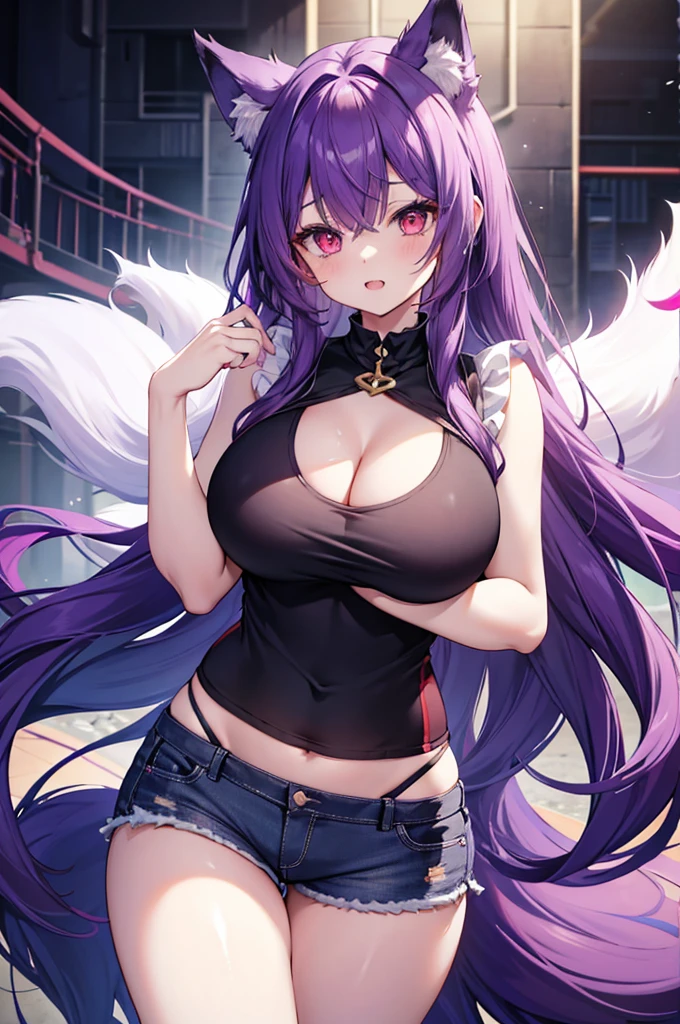 Fox Girl, Large Breasts, Voluminous purple hair, masterpiece , Red eyes, hd, Thick thighs, Head to Chest, buried in my chest、Underboob、Double teeth、tooth、Sleeveless shirt、Shorts、Chubby