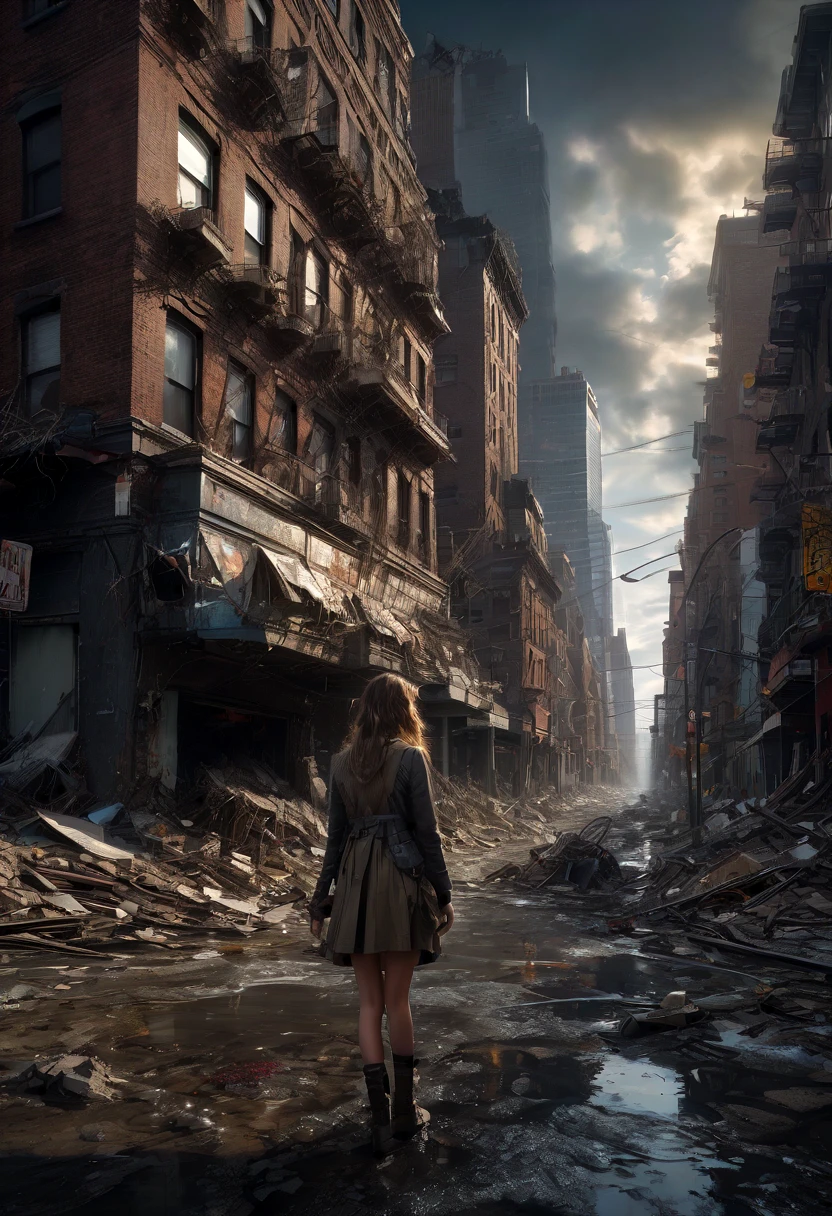1girl, Post-Apocalyptic Wasteland, Apocalyptic destroyed Manhattan Island and New York, after a tidal wave, Epic cinematic brilliant stunning intricate meticulously detailed dramatic atmospheric maximalist digital matte painting, horror Gustave Doré Greg Rutkowski