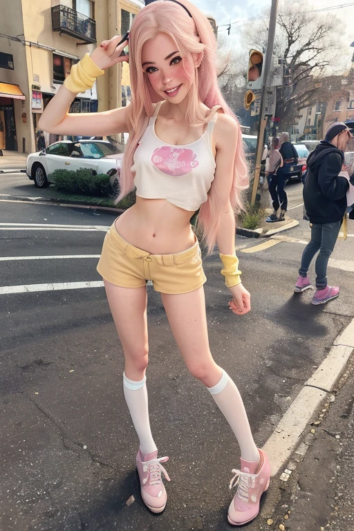 (masterpiece), best quality, expressive eyes, perfect face, (street background), (standing), (closeup view), (smile), (1girl, belle delphine, pale skin, freckles, pink hair, straight hairstyle, brown eyes, big eyes, hourglass figure, thin body, skinny body, petite_body, short height, small breasts, thick thighs, pink fingernails, pale yellow tanktop, croptop, loose fit, white minishorts, pale yellow socks, pink heels), 