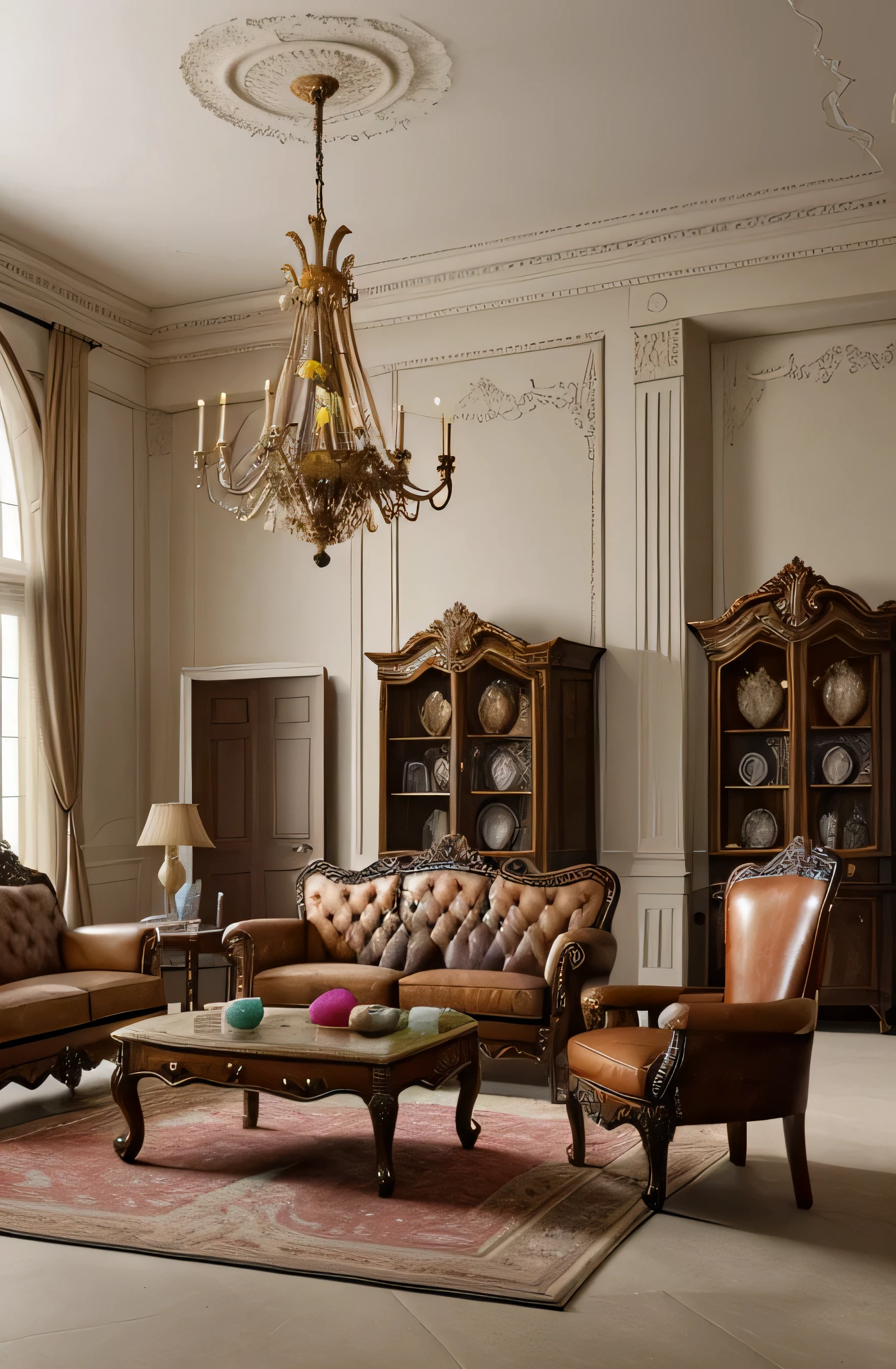 18th century, baroque style furniture art, leather upholstery and colorful living room seating group