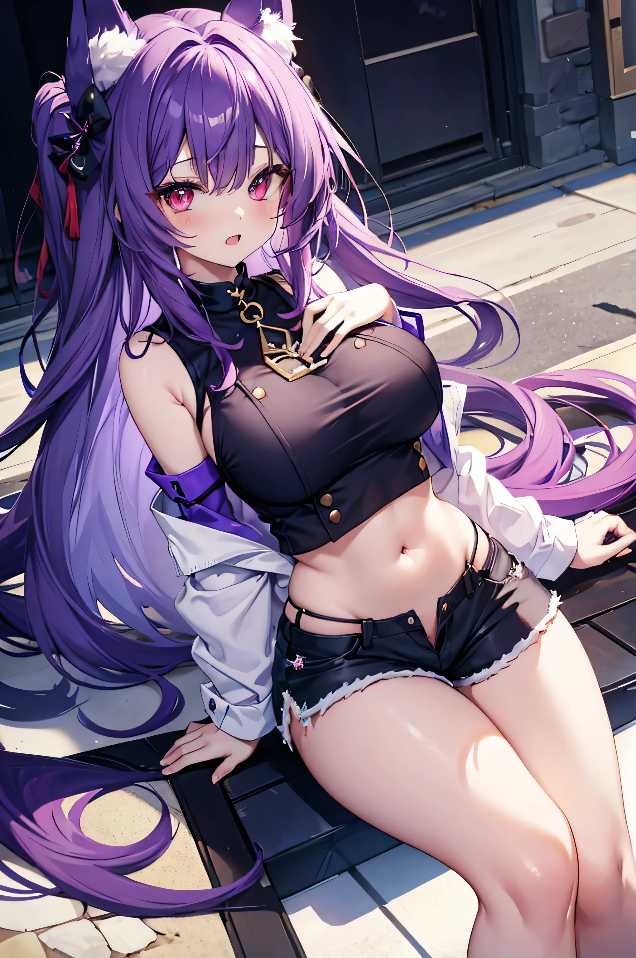 Fox Girl, Large Breasts, Voluminous purple hair, masterpiece , Red eyes, hd, Thick thighs, Head to Chest, buried in my chest、Underboob、Double teeth、tooth、Sleeveless shirt、Shorts、Chubby