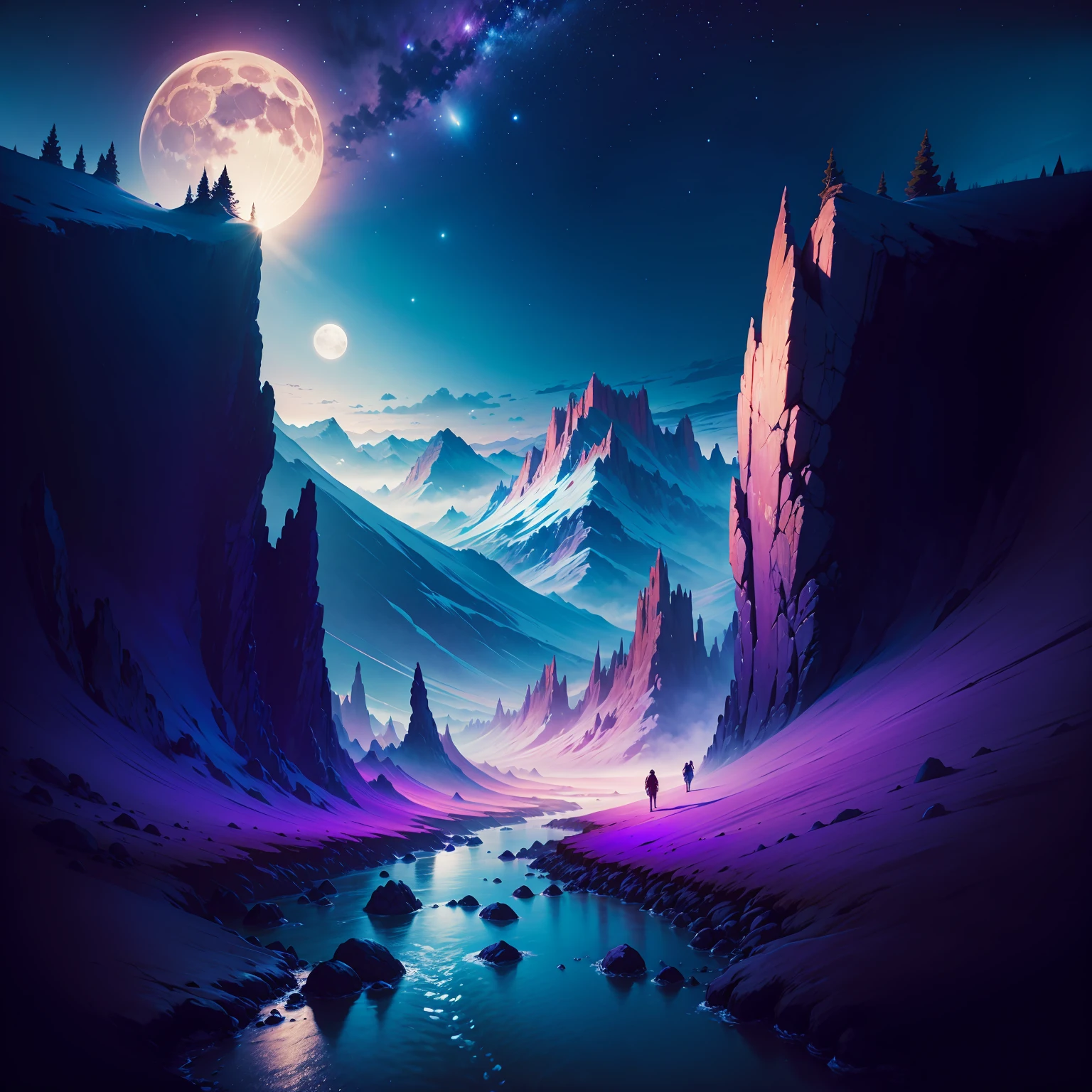 The place is a distant planet, but capable of supporting life.
This planet has a purplish blue sky and we can see other galaxies shining on it in addition to the nearest stars.
We have 3 moons of different sizes and one of them is so close that we can see the details of its craters.
In the background we see a large mountain and two hills further forming a valley in the center with a small stream passing through.
We have trees of different types, all different from any type we know, as we are on a planet completely different from planet Earth.
The wind subtly blows the trees, giving movement and dynamism to the scene. The entire scene is animated with vibrant colors and subtle contrasts, highlighting the beauty of the scenery and the aura of mystery of the moon.

This animated scene captures the excitement and grandeur of an epic journey, the horizon lit by the moon, ready to embark on an incredible adventure full of challenges and discoveries.