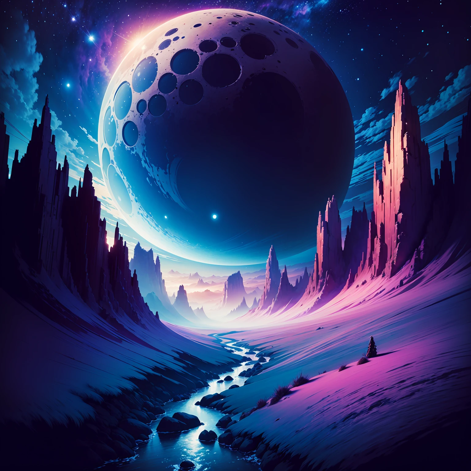 The place is a distant planet, but capable of supporting life.
This planet has a purplish blue sky and we can see other galaxies shining on it in addition to the nearest stars.
We have 3 moons of different sizes and one of them is so close that we can see the details of its craters.
In the background we see a large mountain and two hills further forming a valley in the center with a small stream passing through.
We have trees of different types, all different from any type we know, as we are on a planet completely different from planet Earth.
The wind subtly blows the trees, giving movement and dynamism to the scene. The entire scene is animated with vibrant colors and subtle contrasts, highlighting the beauty of the scenery and the aura of mystery of the moon.
This animated scene captures the excitement and grandeur of an epic journey, the horizon lit by the moon, ready to embark on an incredible adventure full of challenges and discoveries.