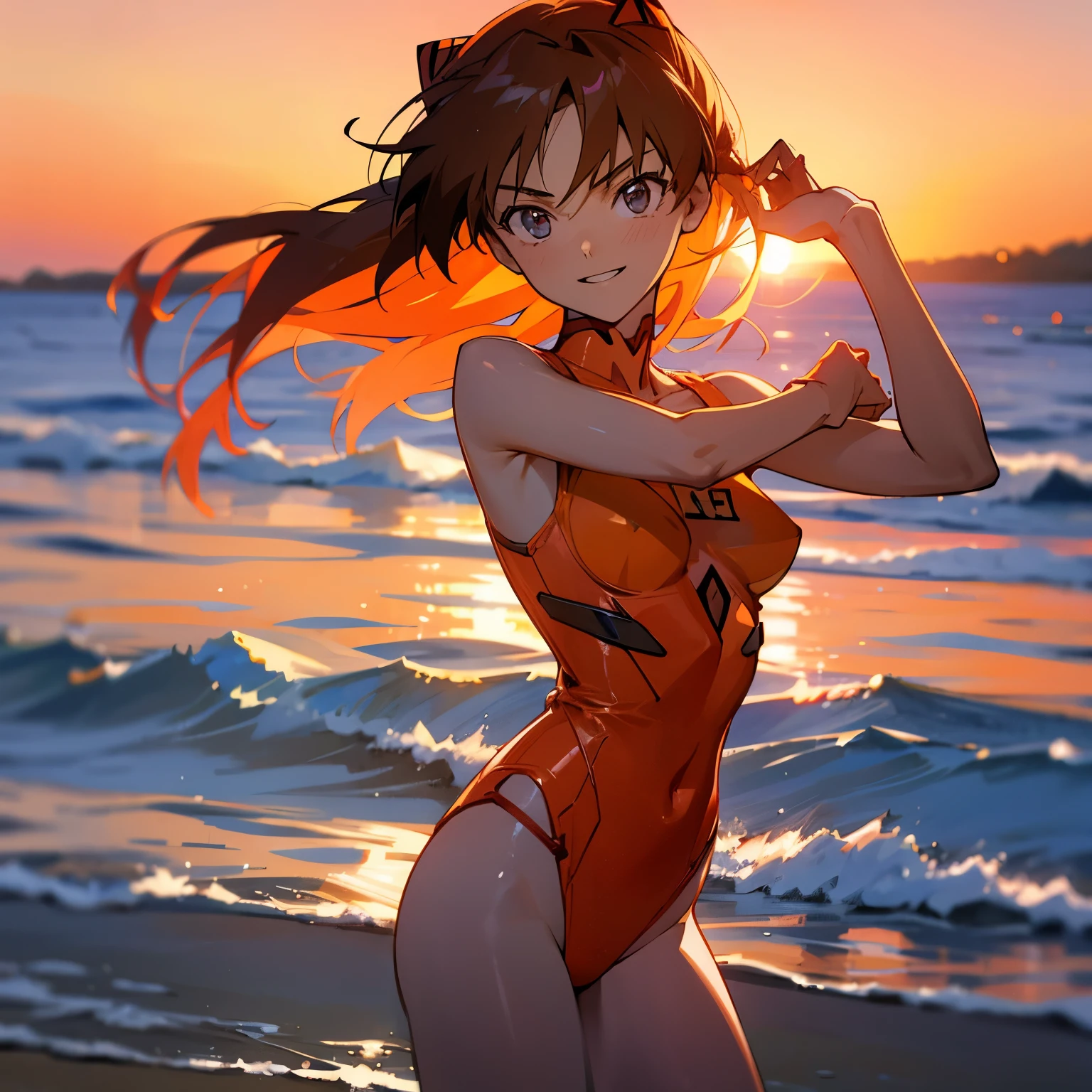 A woman resembling Asuka from Evangelion is having fun in an orange swimsuit on a beautiful beach at sunset.