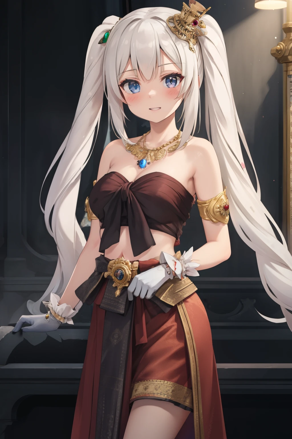 Best quality, 8k, 32k, Masterpiece, high resolution, unity 8k wallpaper, illustration, anime style, perfect lighting, extremely detailed CG, 1girl, solo, marie antoinette, long hair, white hair, twintails, frills, jewelry, necklace, gloves, belt, black gloves, Sabai dress, strapless Thai traditional dress, Thai traditional skirt, looking at viewer, indoors, standing, throne, evilness, military,