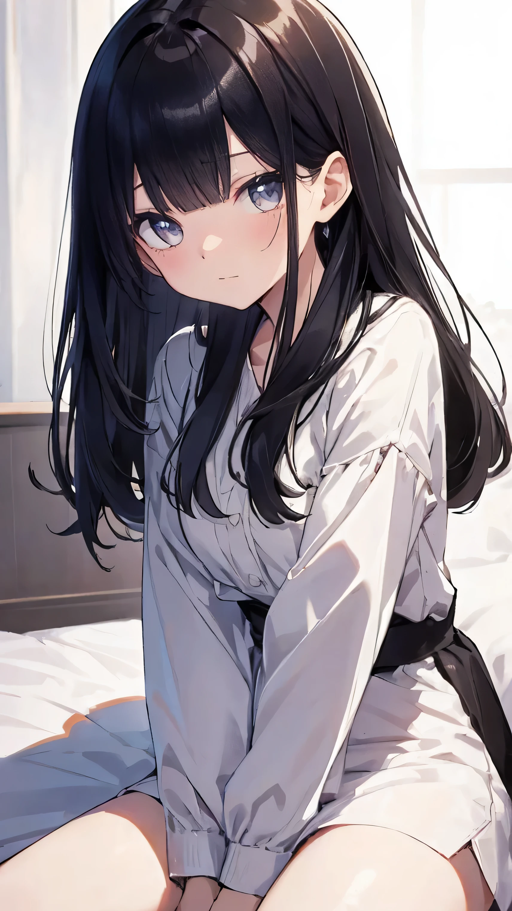 Harumi Fumiko en un plano de cuerpo completo, 18 year old woman with long brown hair, ojos cafe claro, piel blanca, small freckles, small and perfect nose a little turned up (Fondo de pantalla 8K extremadamente detallado), sonriendo, con las manos por detras, gran calidad anime, descansando en la cama, ropa interior blanca, NSFW:0.9, manos perfectas, posicion atrevida, coqueta. Perfectamente realizado. anatomicamente correcto