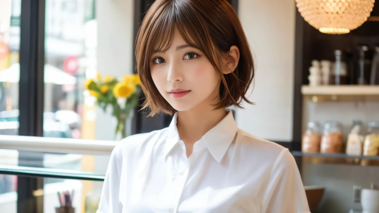 super high quality, Fashion Model, Short Hair, Slender, The staff is working at the counter in the back., (8k、RAW Photos、highest quality、masterpiece:1.2), Japanese Idol, Serious expression, Shaggy, brown hair, Stylish café, Fashion magazine shooting, (Realistic、Photorealistic:1.37), Beautiful Face , Mesh Hair, Normal chest, Urban Cafe, Golden Ratio, A gentle gaze, Spring Clothes, Beautiful hairstyle, White Shirt, Neat clothes,