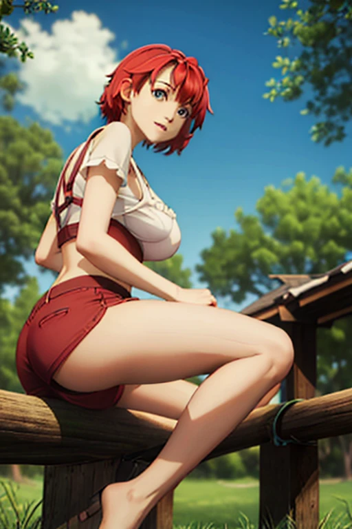 Cute girl, 18 years old, red short hair , bangs, big busty, stunning body fitness, awesome pussy nasty nudity, seductive, huge legs fingering solo, detailed eyes, face and body, detailed perfect, cgi landscape photography fanart