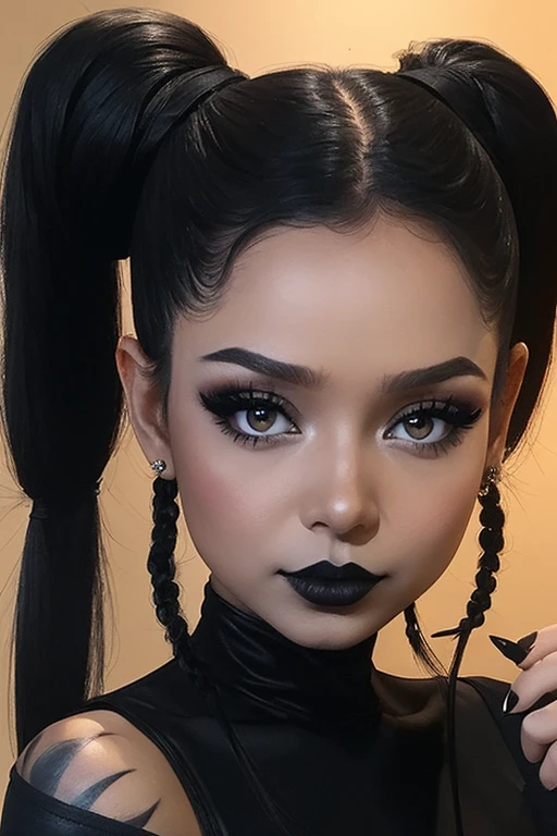 (masterpiece), best quality, expressive eyes, perfect face, (party background), (dancing), (smirk), (closeup view), (1girl, bella poarch, fair skin, black hair, twin pigtail hairstyle, brown eyes, hourglass figure, thin body, skinny body, petite_body, thick thighs, long fingernails, body tattoos, black minidress, loose fit, black boots, miscellaneous jewelry, black makeup, black eyeshadow, black lips)