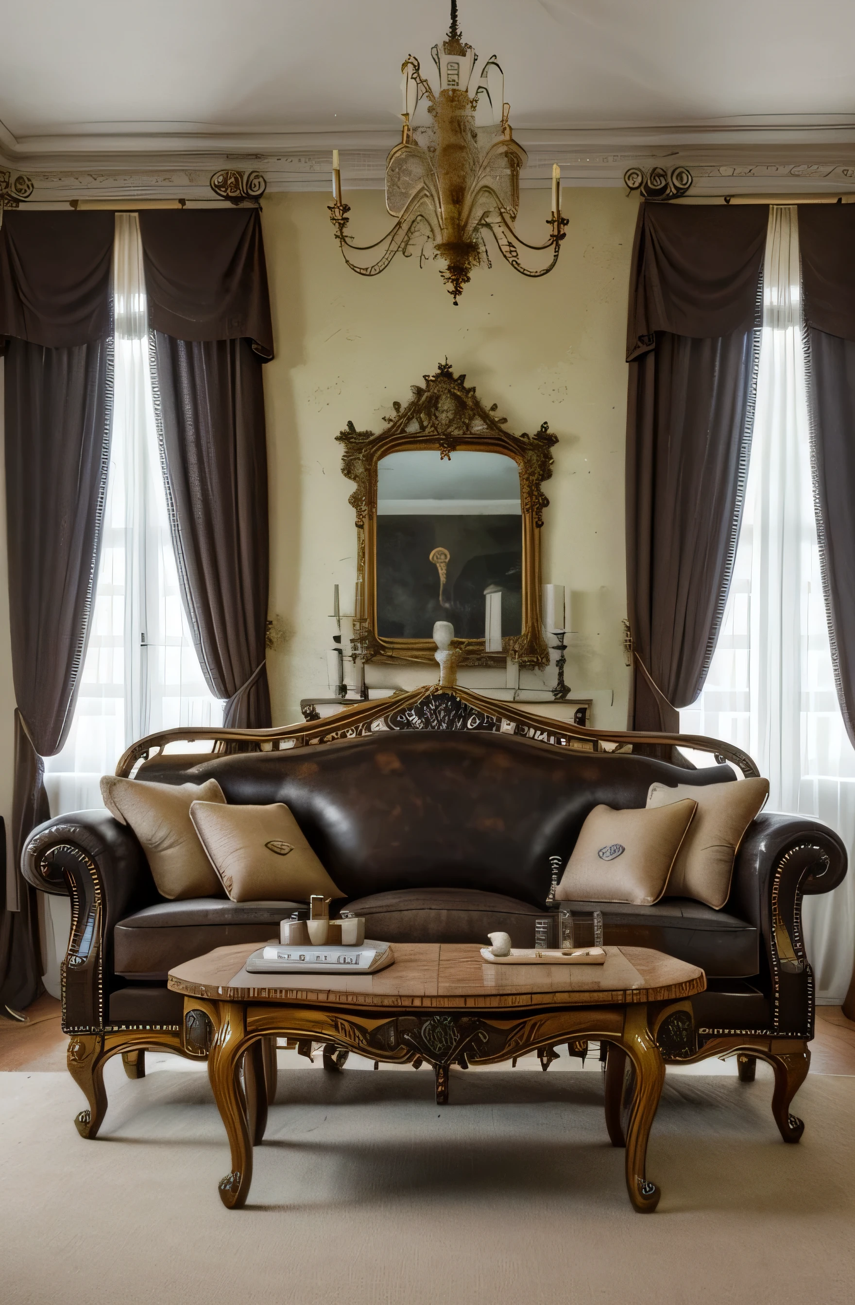 18th century, baroque style furniture art, leather upholstery and colorful living room seating group