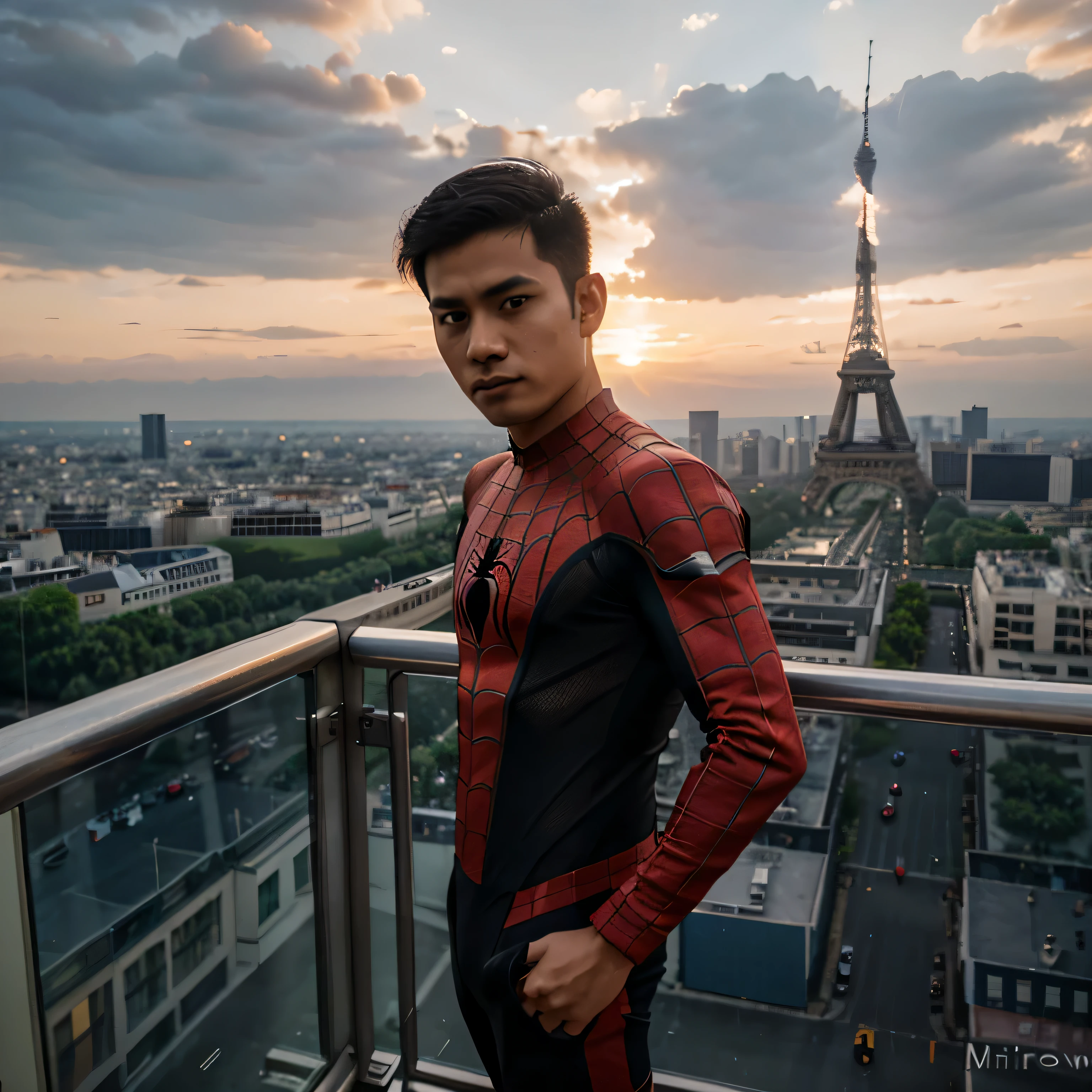 25 year old,indonesian man,short hair,spiderman uniform,in the higher building,background eifel tower paris,sunset atmosphere