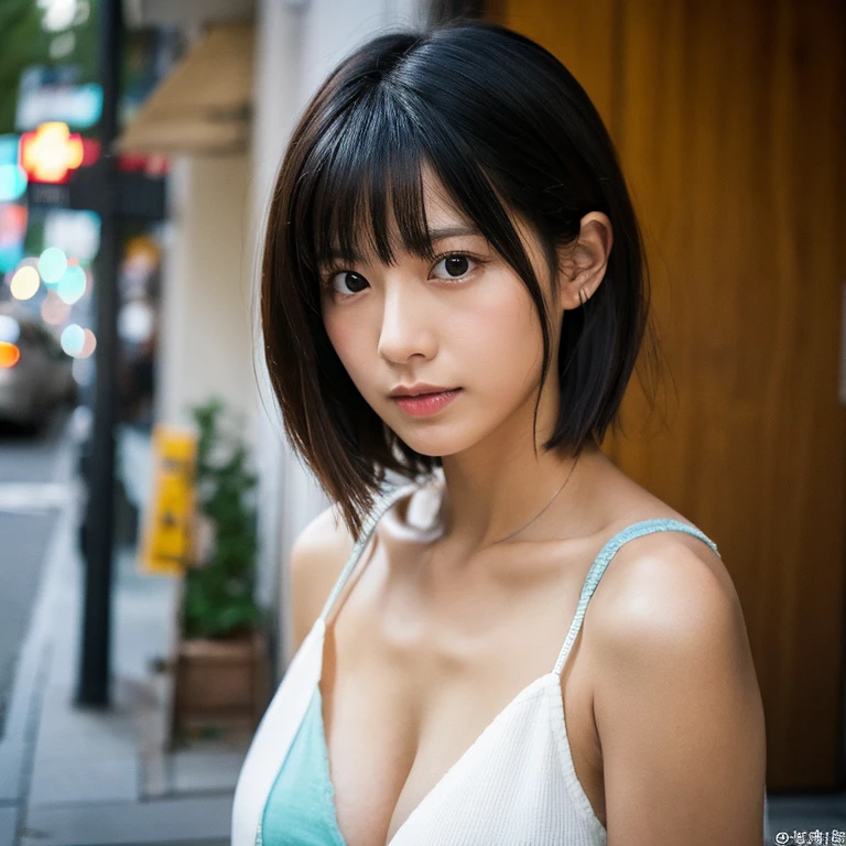 ((highest quality、8K resolution、master masterpiece、portrait:1.3)), Photoreal, 35mm film, 1 Japanese female,Beautiful woman, On the street in the daytime, wrinkles around the eyes, plump body,short hair,((lingerie:1.3)) , (city street: 1.3), jumbled background,look at the audience