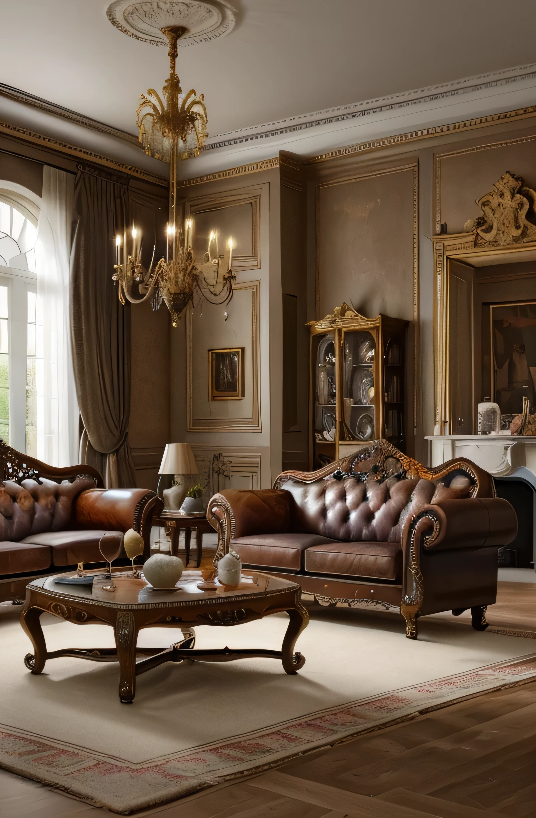 18th century, baroque style furniture art, leather upholstery and colorful living room seating group