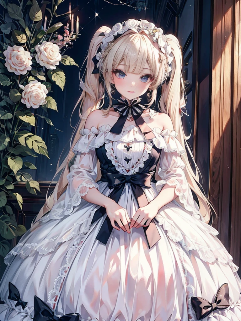 masterpiece, highest quality, High resolution, SA1, Floral Off-Shoulder Dress, sparkling eyes, false eyelashes, Platinum Blonde Twin Tails, Cute atmosphere, Rose,