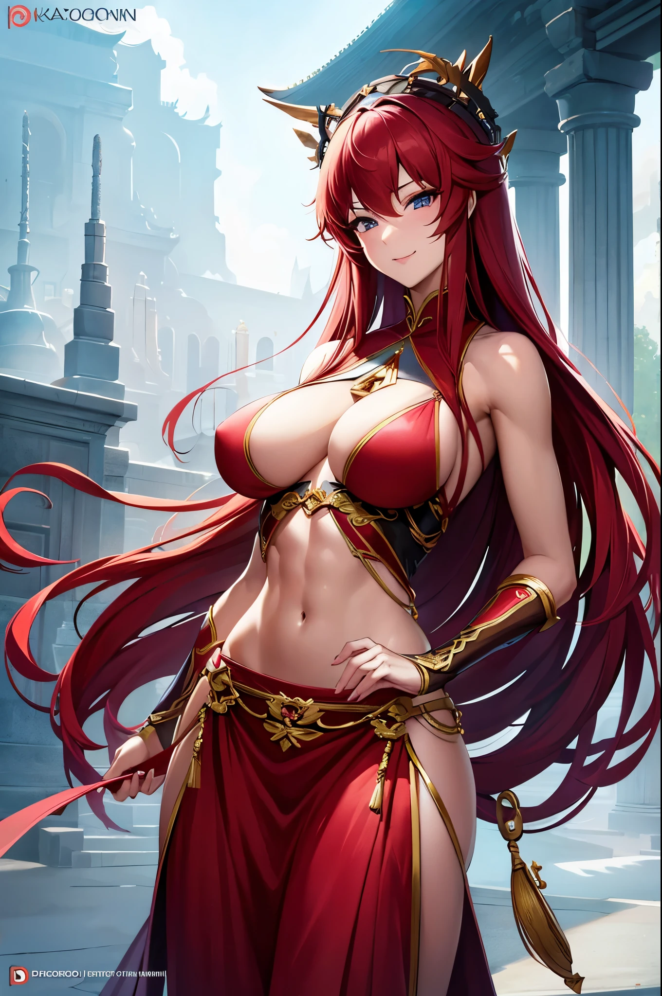 8k,女神のClose-up, Gorgeous Dress, sexy超美人(Like the real thing)Goddess of War,Slender body,Muscular woman,smile,Kind eyes,Beautiful long red hair,Strongly defined abdominal muscles,sexy,Highly detailed artwork, Alexandra Fomina Art Station, 2. 5d cgi anime Fantasy artwork, Fan Art Best Art Station, Amazing character art, Kschat Krentz Key Art Feminine, Chengwei Pan at Art Station,Ultra-high resolution,Fantasy art,Strongly defined abdominal muscles,Slim muscular legs,Very large breasts,Gorgeous long skirt,Inside the temple,View your viewers,smile,Kind eyes,Beautiful expression,Close-up,